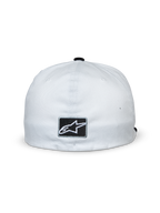 Boné Alpinestars Franchise, branco e preto, vista traseira com emblema retangular preto e logótipo da estrela Alpinestars em branco, design de traseira flexível, acessório casual inspirado no desporto motorizado