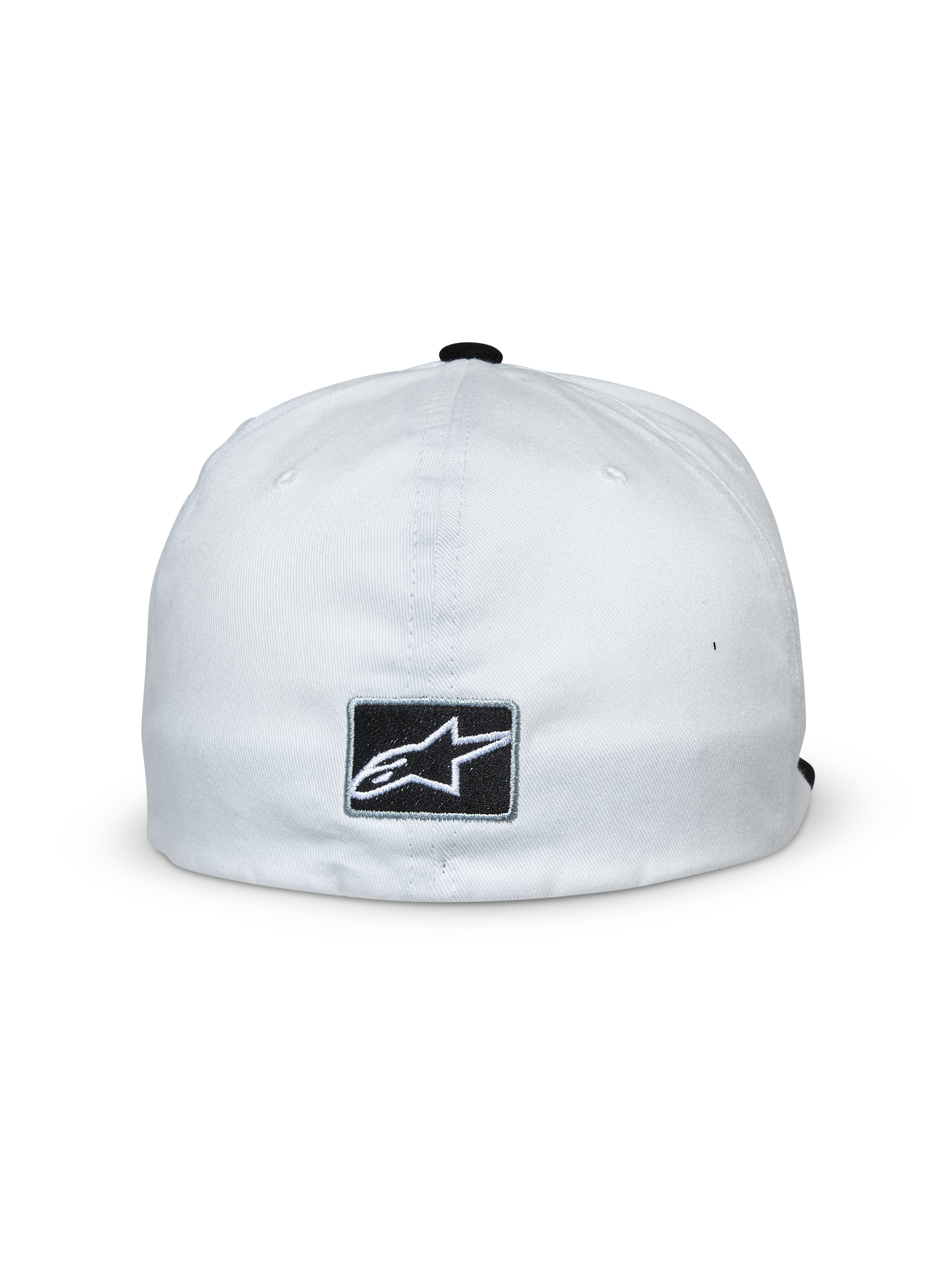 Boné Alpinestars Franchise, branco e preto, vista traseira com emblema retangular preto e logótipo da estrela Alpinestars em branco, design de traseira flexível, acessório casual inspirado no desporto motorizado