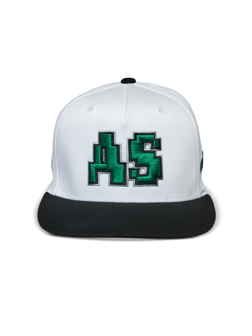 Boné Alpinestars Franchise, boné de pala plana, branco e preto, logótipo AS verde bordado em 3D na frente, copa estruturada com pala plana preta, acessório de cabeça casual inspirado no desporto motorizado