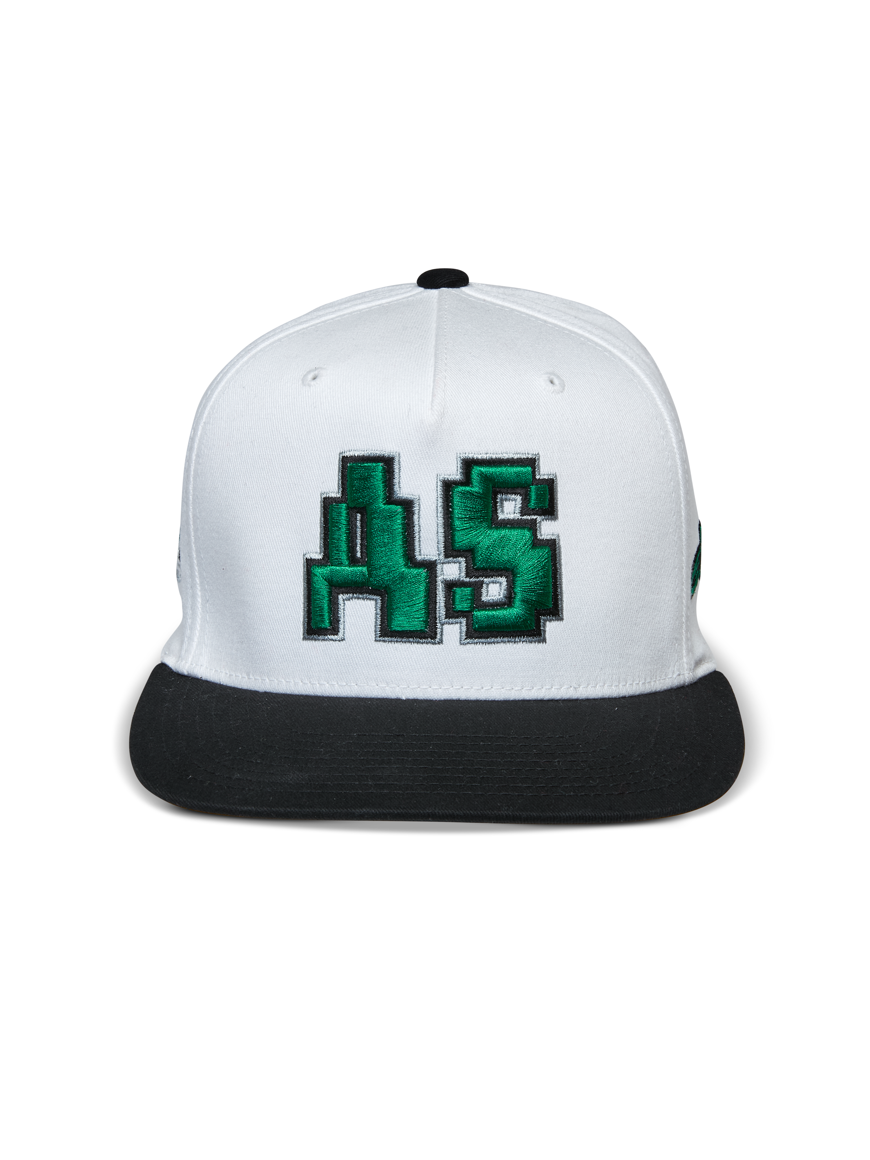 Boné Alpinestars Franchise, boné de pala plana, branco e preto, logótipo AS verde bordado em 3D na frente, copa estruturada com pala plana preta, acessório de cabeça casual inspirado no desporto motorizado