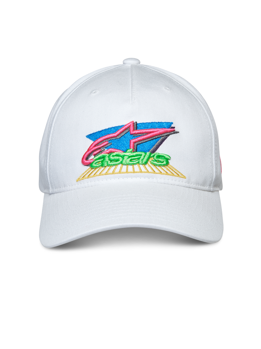 Alpinestars Vivid Hat, boné branco com pala curva, bordado frontal do logótipo colorido em 3D e plano, estilo snapback, vestuário desportivo casual