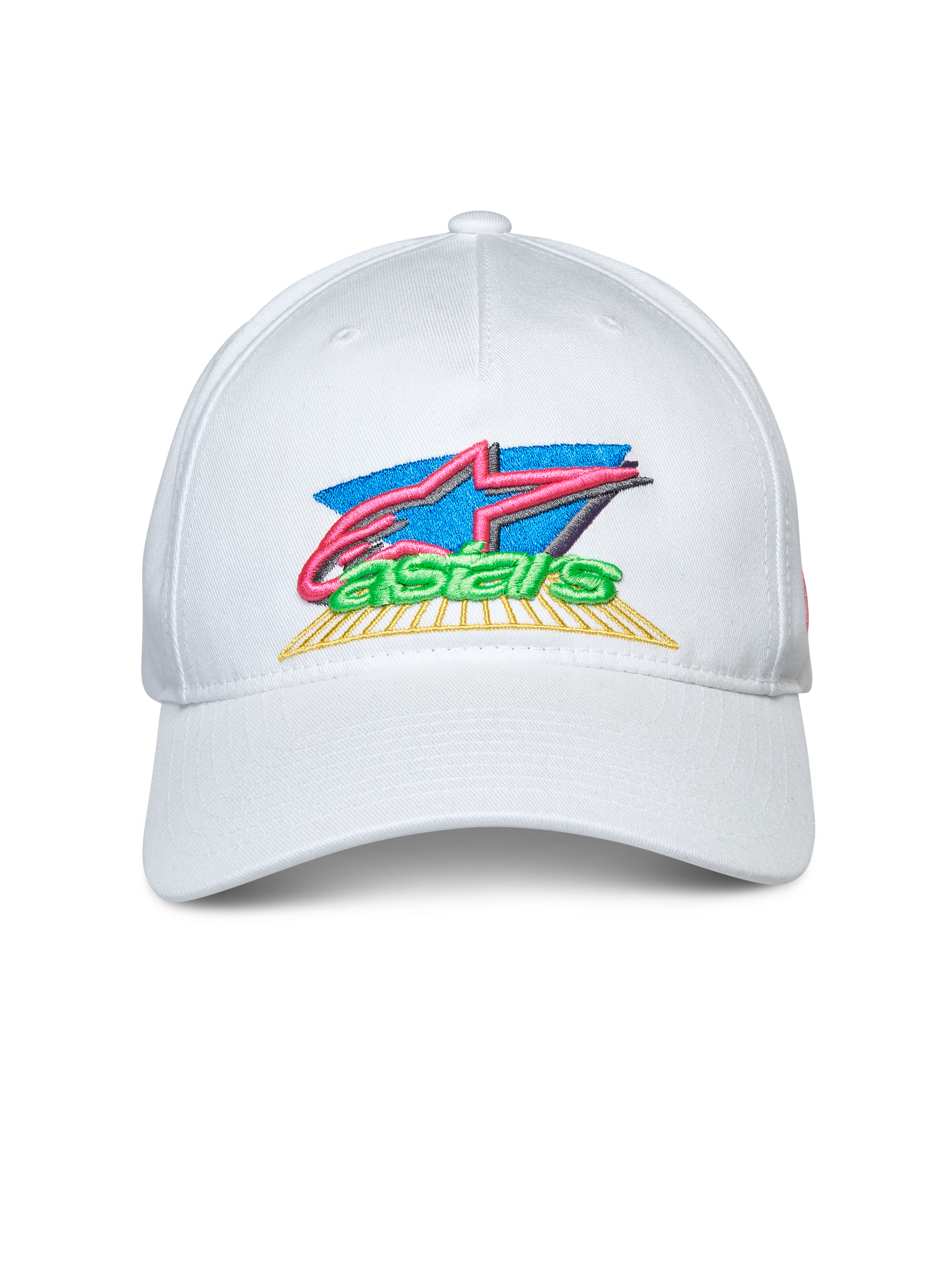 Alpinestars Vivid Hat, boné branco com pala curva, bordado frontal do logótipo colorido em 3D e plano, estilo snapback, vestuário desportivo casual