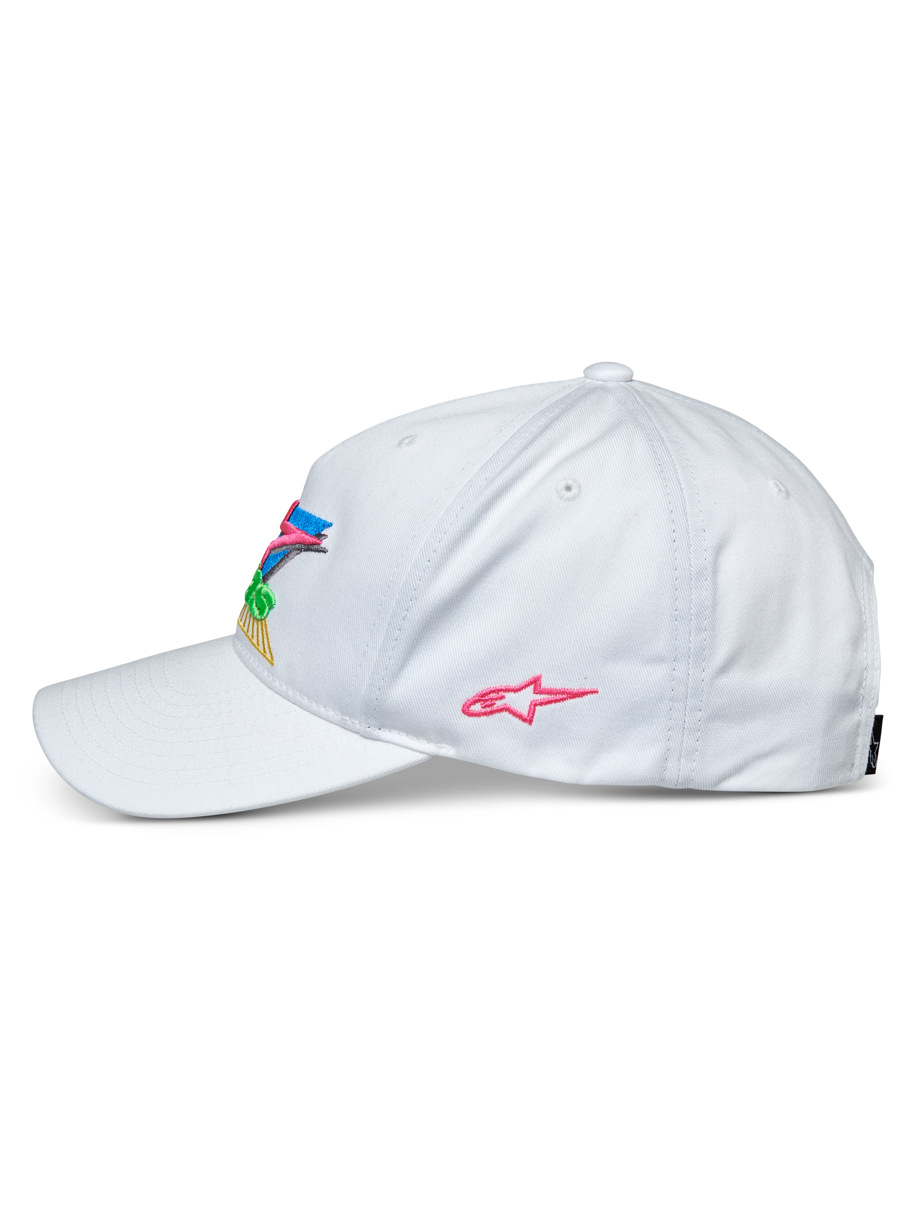 Alpinestars Vivid Hat, branco, vista lateral de um boné de basebol, pala curva e copa baixa semiestruturada, com bordado 3D colorido na frente e logótipo de estrela cor-de-rosa na lateral, acessório de cabeça casual de estilo desportivo