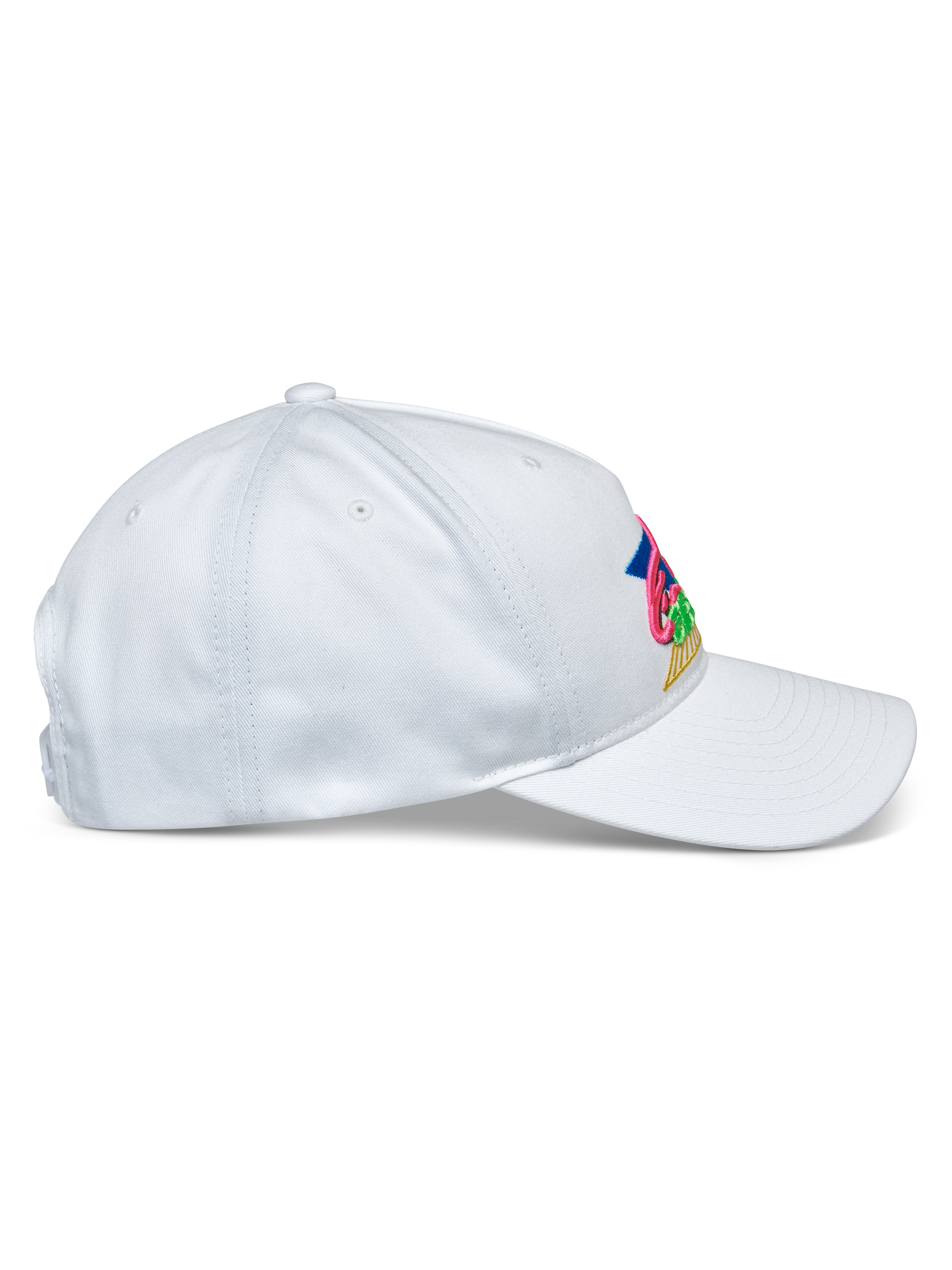 Chapéu Alpinestars Vivid, branco, perfil lateral, boné de basebol de coroa baixa semiestruturada com pala curva, tecido em sarja de algodão, com bordado multicolorido vibrante na frente, acessório de cabeça casual desportivo