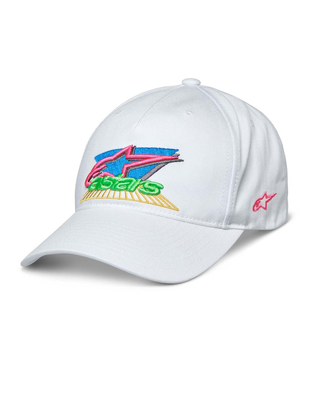 Alpinestars Vivid Hat, boné de basebol branco, logótipo Astars colorido bordado em 3D com rosa, azul, verde e amarelo, pala curva, copa baixa semi-estruturada, sportswear casual