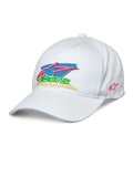 Alpinestars Vivid Hat, boné de basebol branco, logótipo Astars colorido bordado em 3D com rosa, azul, verde e amarelo, pala curva, copa baixa semi-estruturada, sportswear casual