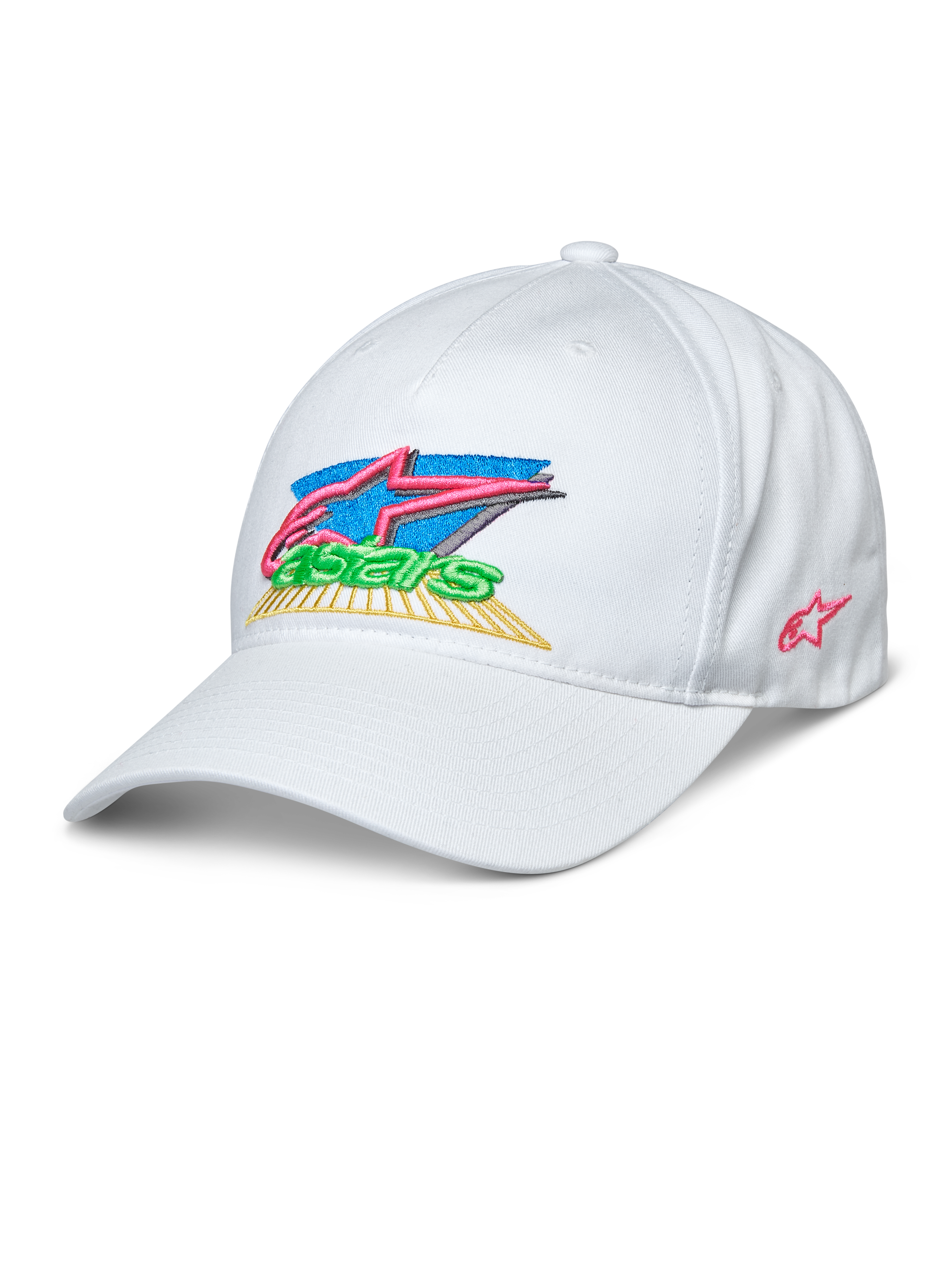 Alpinestars Vivid Hat, boné de basebol branco, logótipo Astars colorido bordado em 3D com rosa, azul, verde e amarelo, pala curva, copa baixa semi-estruturada, sportswear casual