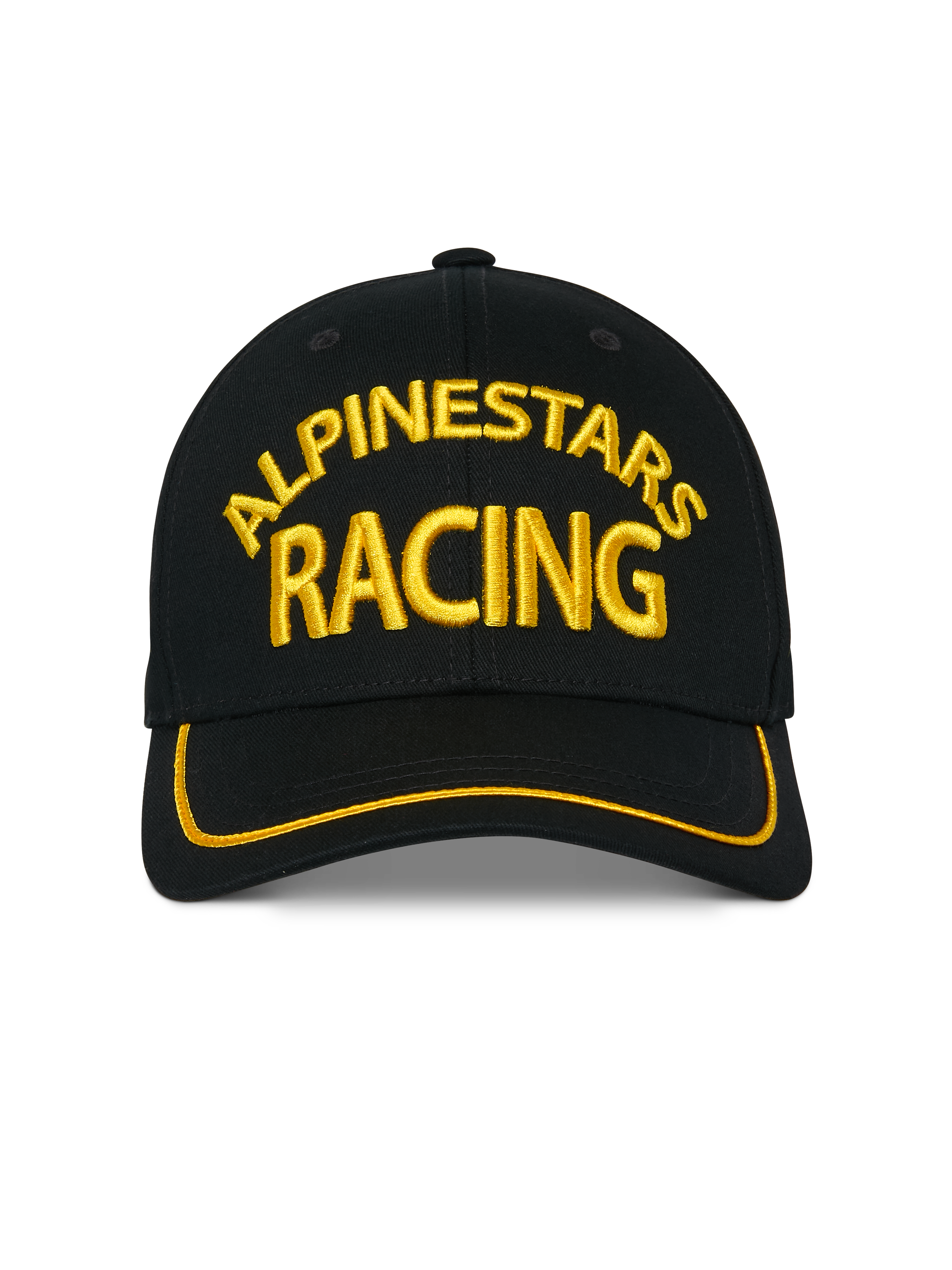 Alpinestars Luminary Hat, Black Snapback Cap, Front 3D Yellow Alpinestars Racing Embroidery, Curved Bill with Yellow Sutache Trim, Casual Motorsport Headwear