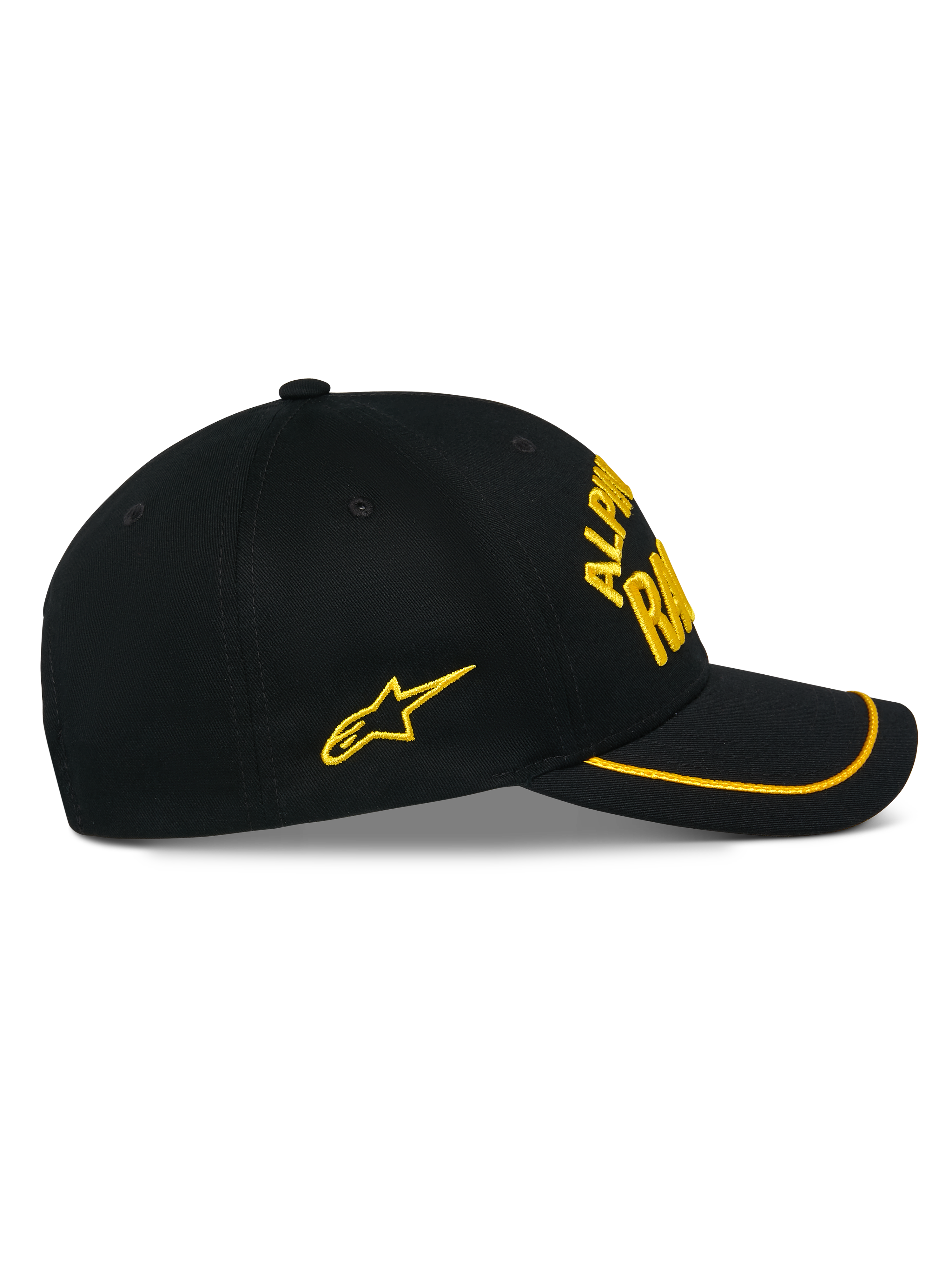 Alpinestars Luminary Hat, Black Snapback Cap, side view, curved bill with yellow sutache trim, yellow 3D embroidered logo and side star, 100% cotton twill, casual motorsport-inspired headwear