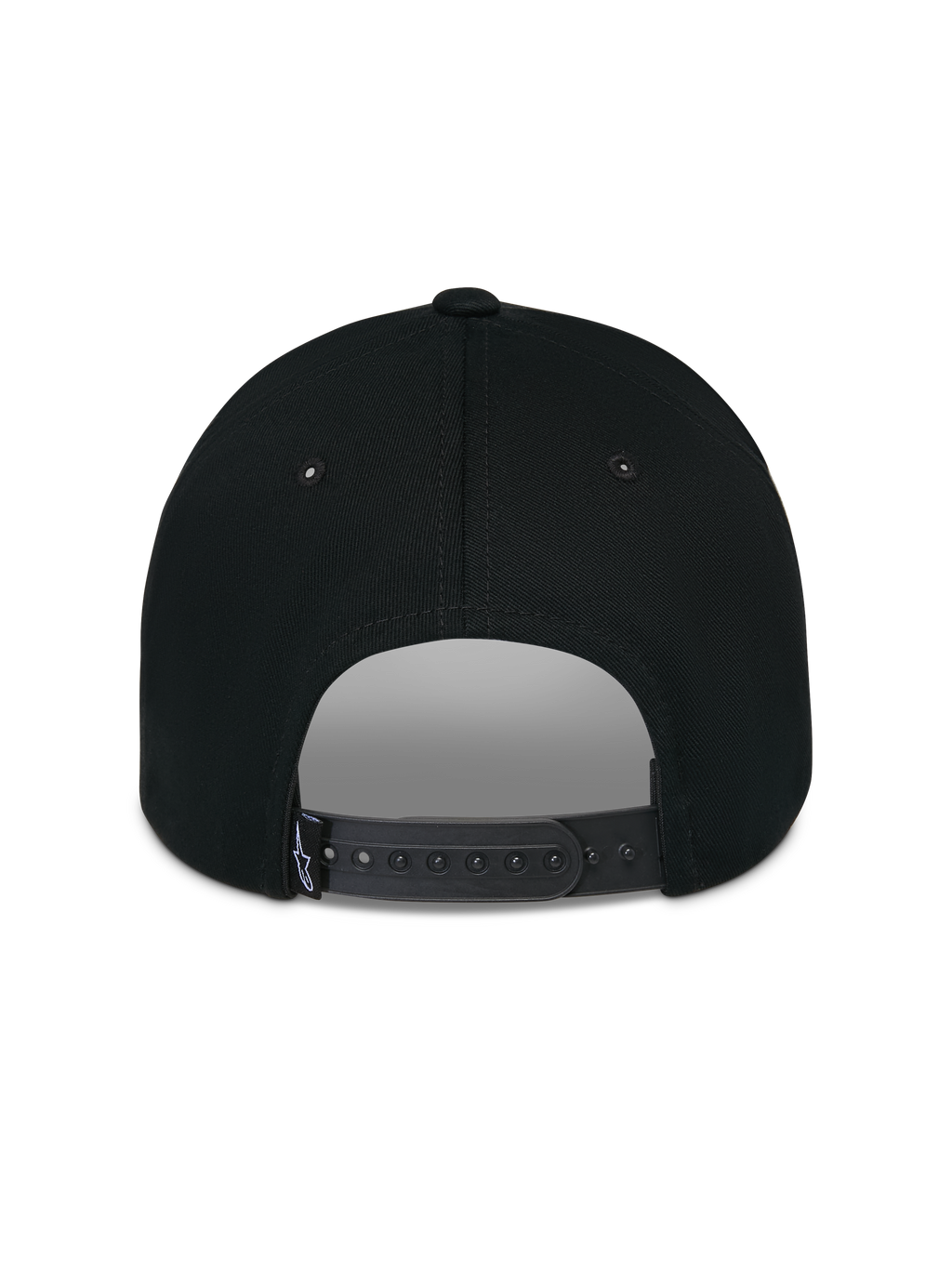 Alpinestars Luminary Hat, Black, rear view showing adjustable snapback closure and small woven logo label, structured cotton crown, casual motorsport-inspired headwear