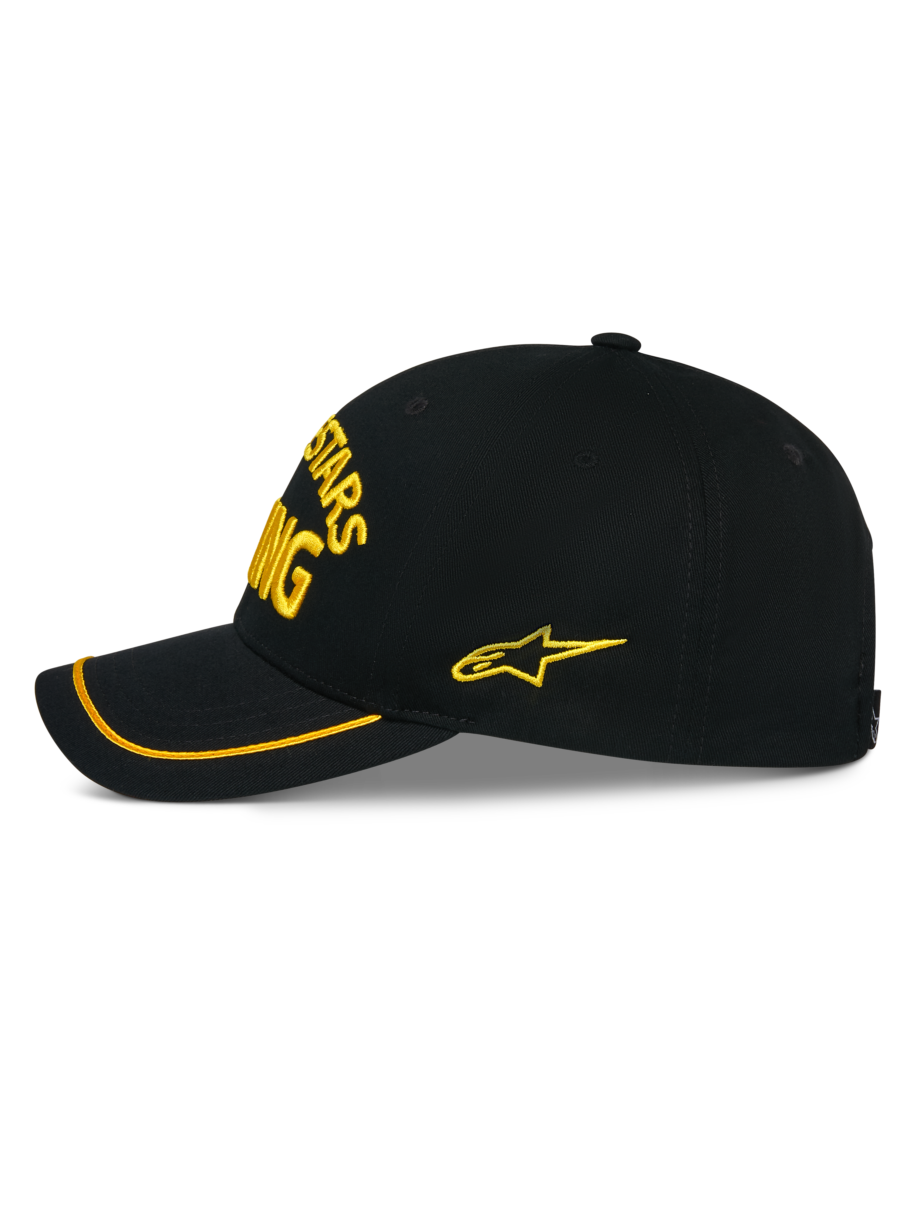 Alpinestars Luminary Hat, Black snapback cap shown from the side, yellow 3D embroidery on the front and side, curved bill with yellow sutache trim, structured cotton twill construction