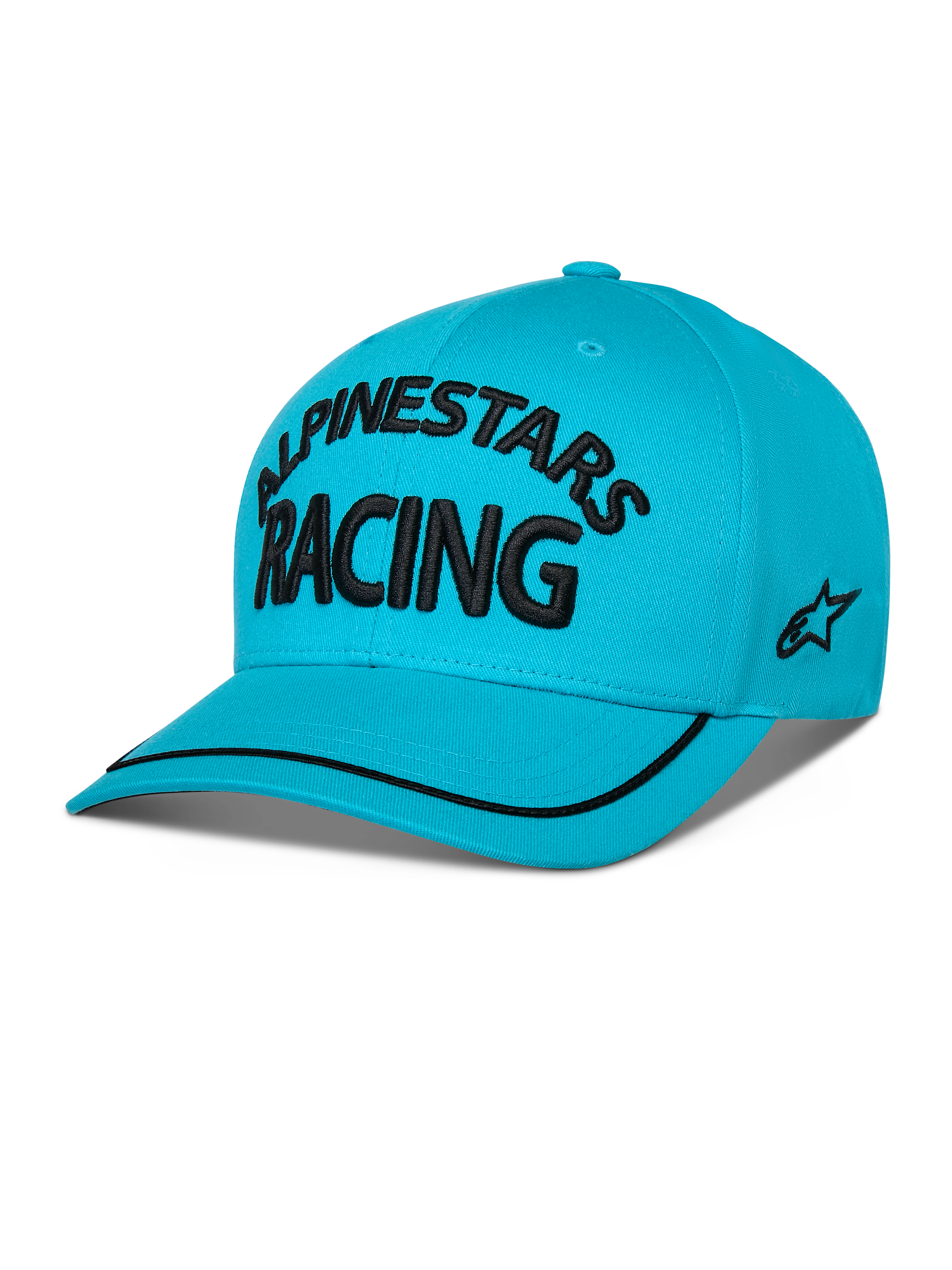 Alpinestars Luminary Hat, Curved Bill Snapback, Aqua Blue, featuring black 3D embroidered 'ALPINESTARS RACING' text, side flat embroidery logo, and black sutache trim on the bill, casual motorsport-inspired headwear.