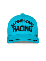 Alpinestars Luminary Hat, Aqua Blue, front view of curved bill snapback hat, black 3D embroidered Alpinestars Racing logo, black sutache trim on the brim, structured crown, casual sportswear