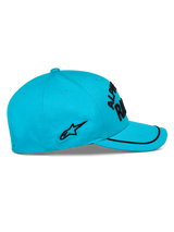 Alpinestars Luminary Hat, Aqua Blue, side view, curved bill with black sutache trim, black flat embroidered logo on the side, structured crown, casual motorsport headwear