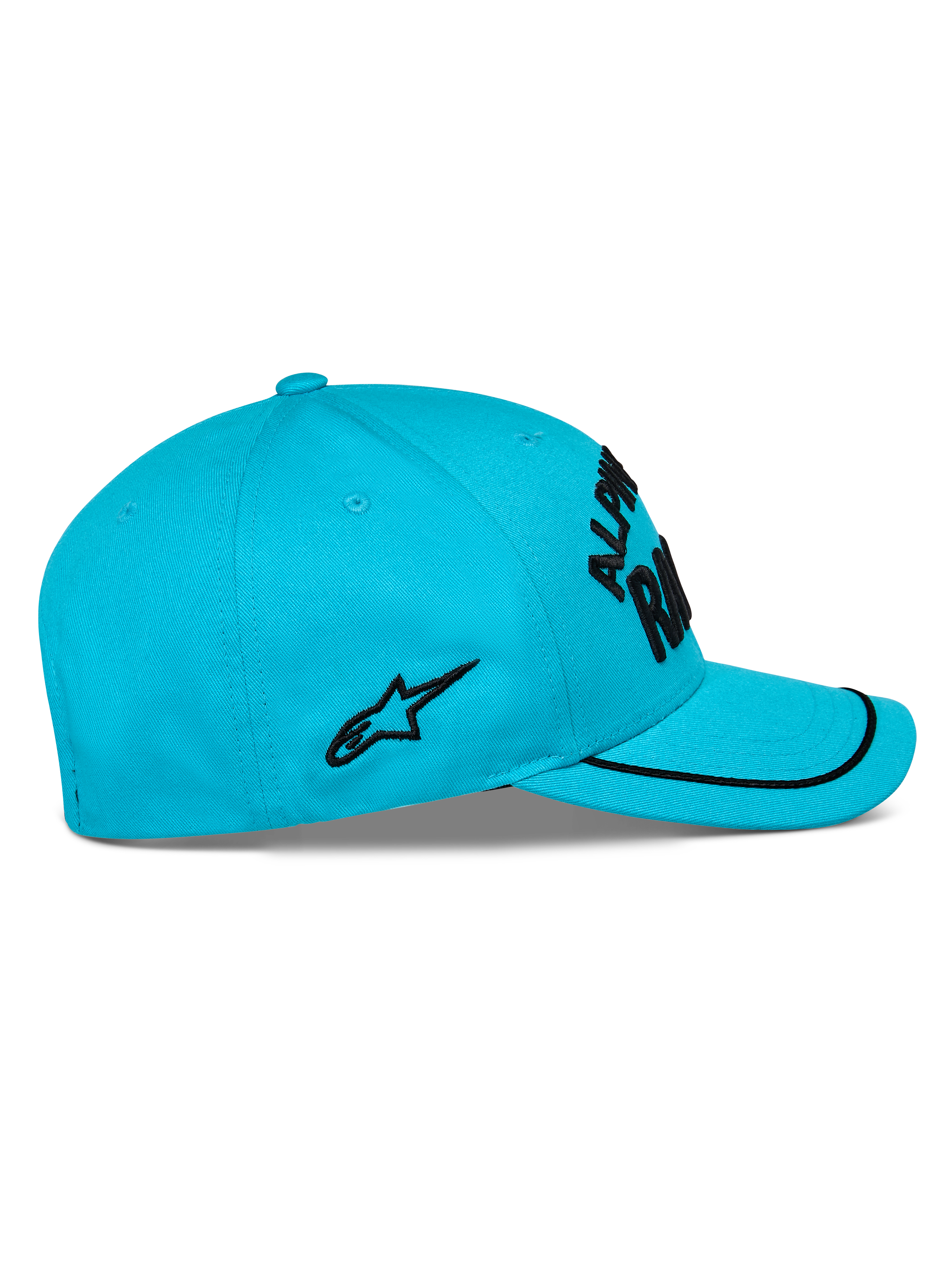 Alpinestars Luminary Hat, Aqua Blue, side view, curved bill with black sutache trim, black flat embroidered logo on the side, structured crown, casual motorsport headwear