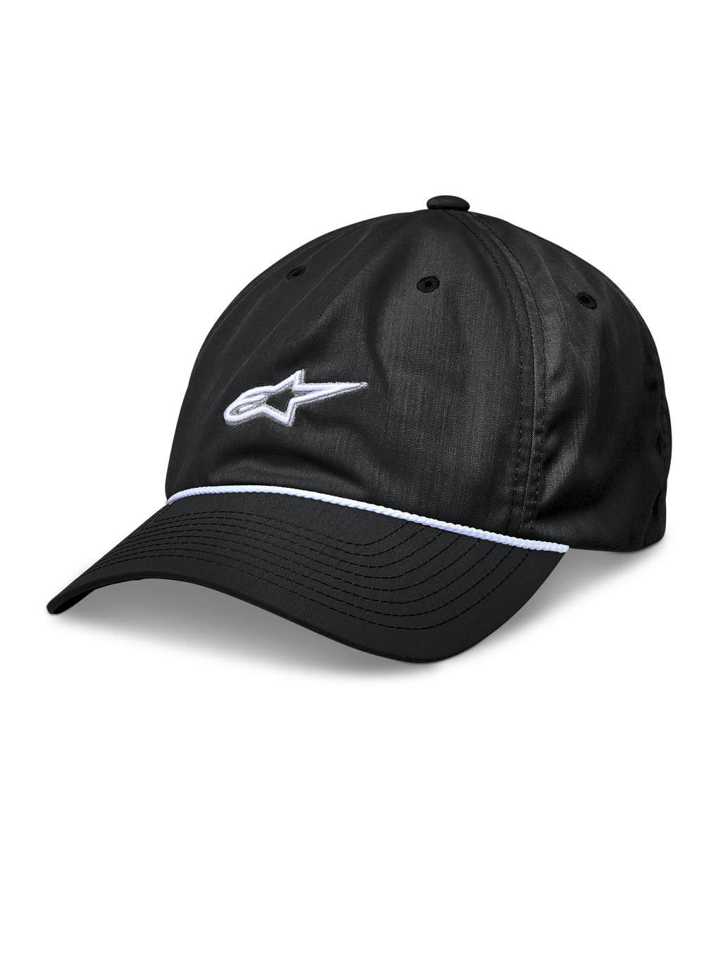 Alpinestars Tyler Hat, Black Snapback Baseball Cap, Curved Bill with White Braided Rope Trim, White 3D Embroidered Star Logo, Unstructured Low Crown, Casual Sportswear Headwear