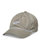 Alpinestars Tyler Hat, boné de basebol cáqui com logótipo branco bordado em 3D e acabamento em corda entrançada branca, coroa baixa não estruturada com aba curva, construção em sarja reciclada de seis painéis com orifícios de ventilação