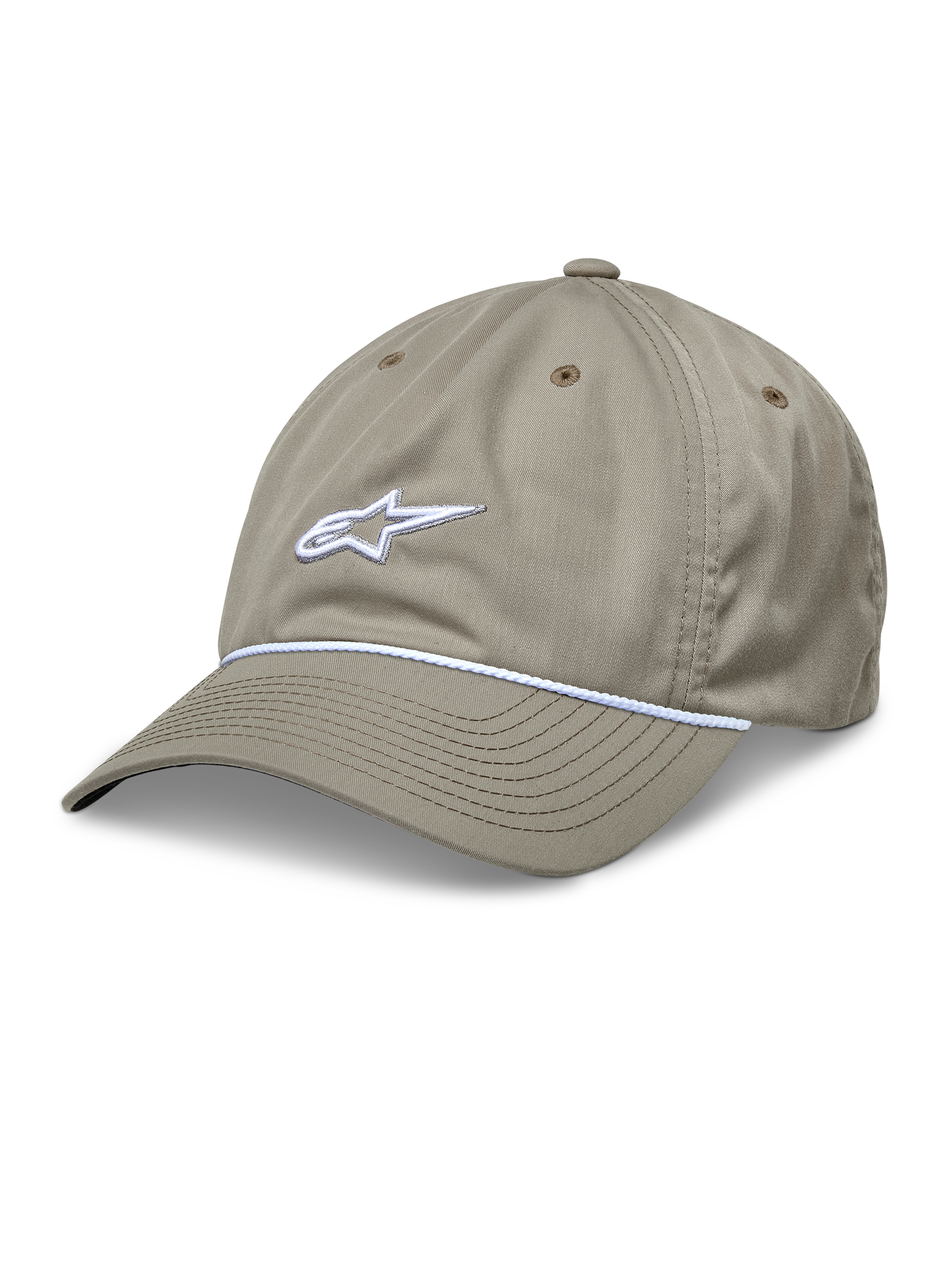 Alpinestars Tyler Hat, boné de basebol cáqui com logótipo branco bordado em 3D e acabamento em corda entrançada branca, coroa baixa não estruturada com aba curva, construção em sarja reciclada de seis painéis com orifícios de ventilação