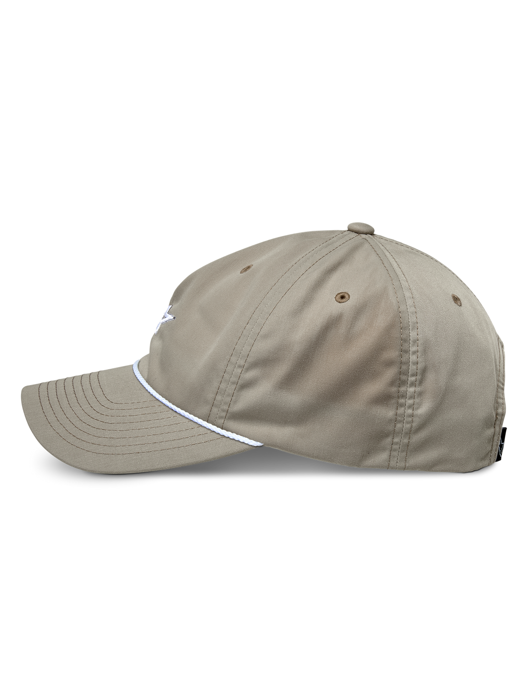 Alpinestars Tyler Hat, caqui, perfil lateral mostrando a pala curva e o detalhe de corda entrançada branca, boné de coroa baixa não estruturada, sportswear casual