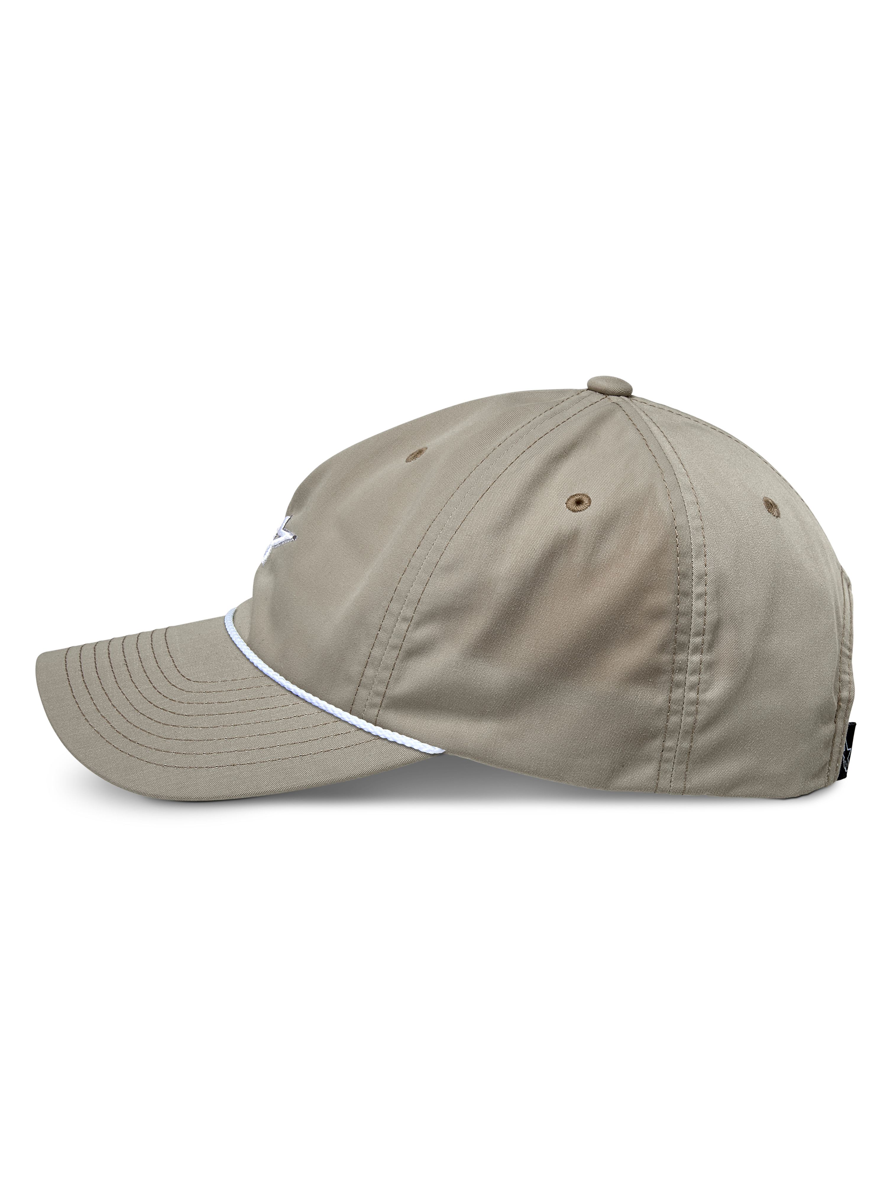 Alpinestars Tyler Hat, caqui, perfil lateral mostrando a pala curva e o detalhe de corda entrançada branca, boné de coroa baixa não estruturada, sportswear casual
