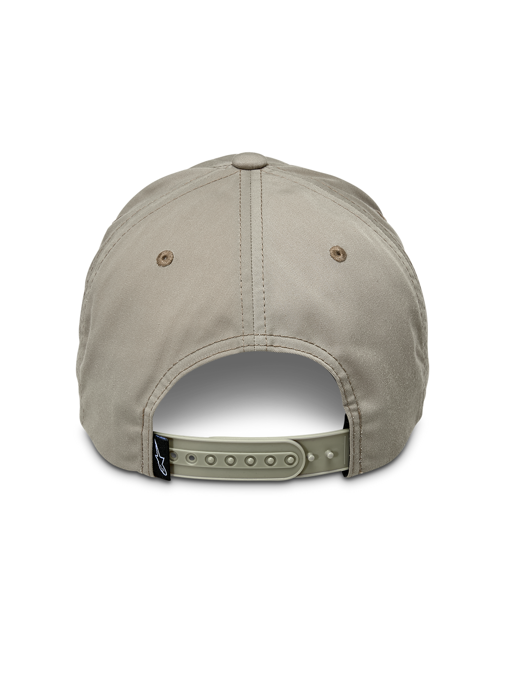 Alpinestars Tyler Hat, cáqui, vista traseira a mostrar o fecho de pressão ajustável e pequena etiqueta preta da marca, design de coroa baixa não estruturada em tecido de sarja reciclada, chapéu casual desportivo