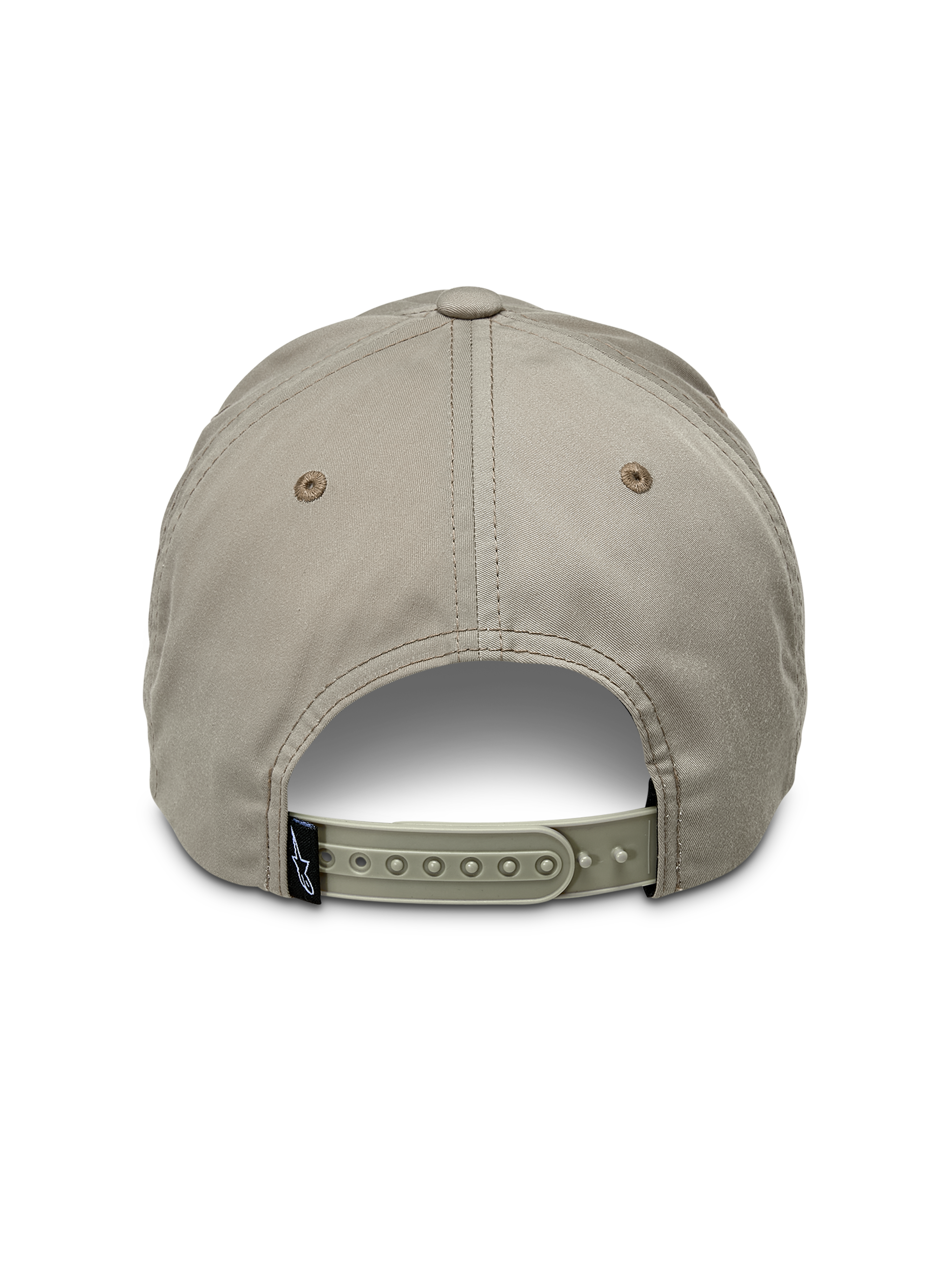 Alpinestars Tyler Hat, cáqui, vista traseira a mostrar o fecho de pressão ajustável e pequena etiqueta preta da marca, design de coroa baixa não estruturada em tecido de sarja reciclada, chapéu casual desportivo