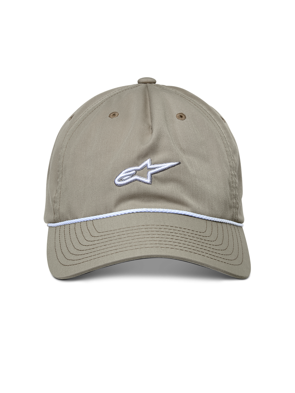 Alpinestars Tyler Hat, boné casual, caqui, vista frontal com logótipo bordado a branco e acabamento em corda entrançada, aba curva, design de coroa baixa não estruturada