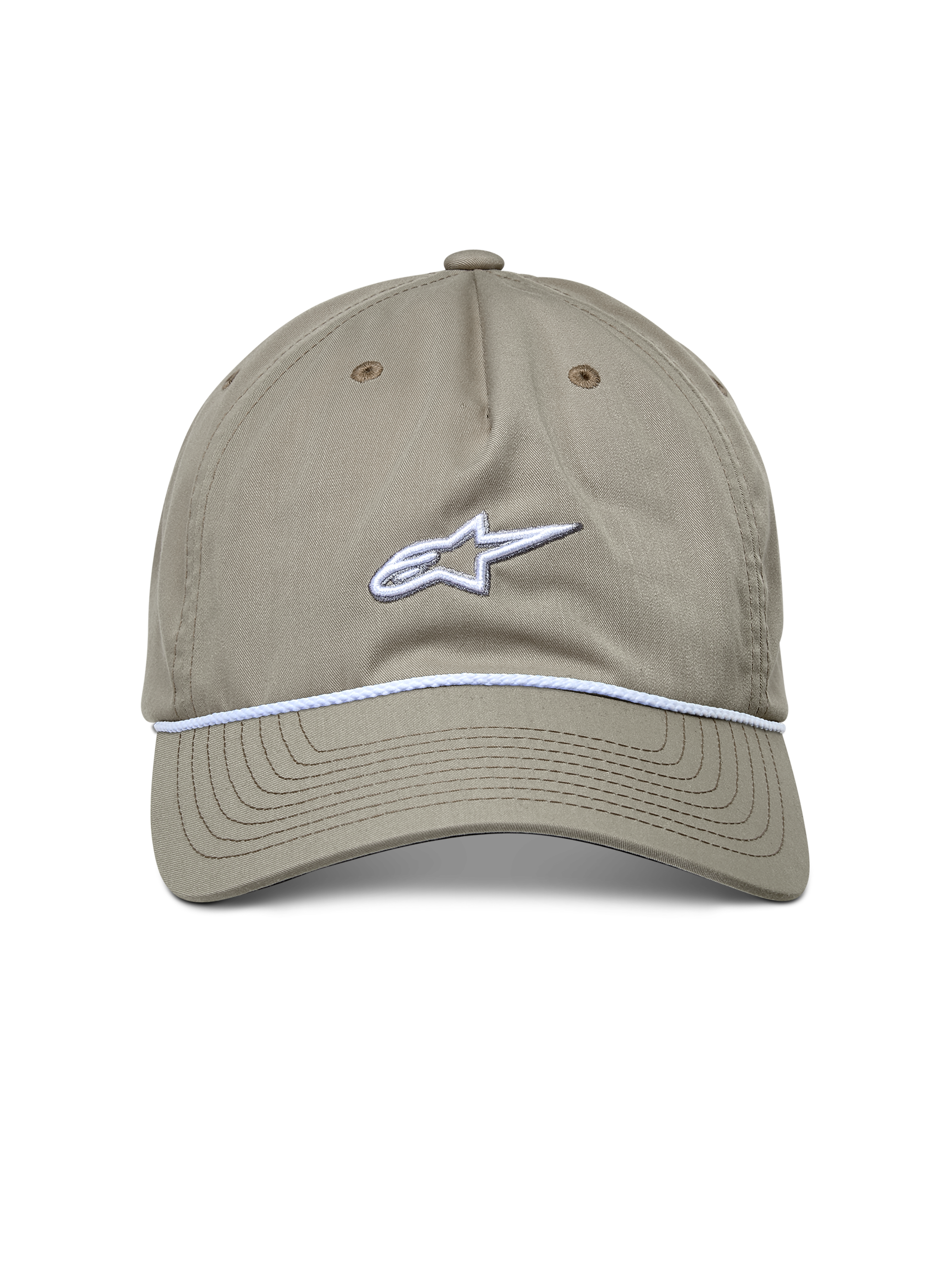 Alpinestars Tyler Hat, boné casual, caqui, vista frontal com logótipo bordado a branco e acabamento em corda entrançada, aba curva, design de coroa baixa não estruturada