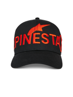 Alpinestars Committed Hat, Black snapback baseball cap, large red embroidered Alpinestars logo and text on front, curved bill, structured crown, casual motorsport streetwear
