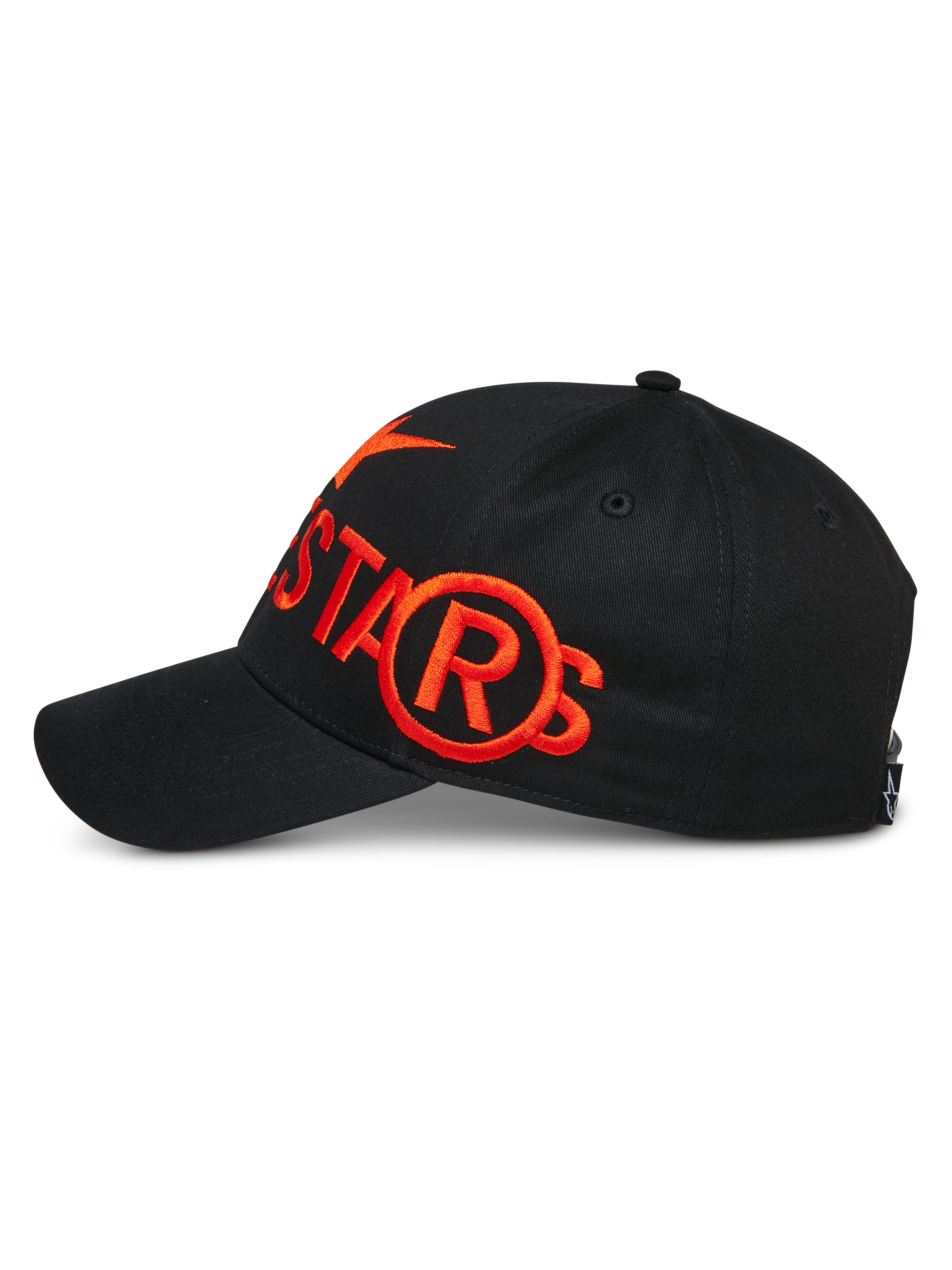 Alpinestars Committed Hat, Black, Snapback Baseball Cap, Side view featuring large orange flat embroidery logo, structured crown with curved bill, casual motorsport lifestyle headwear