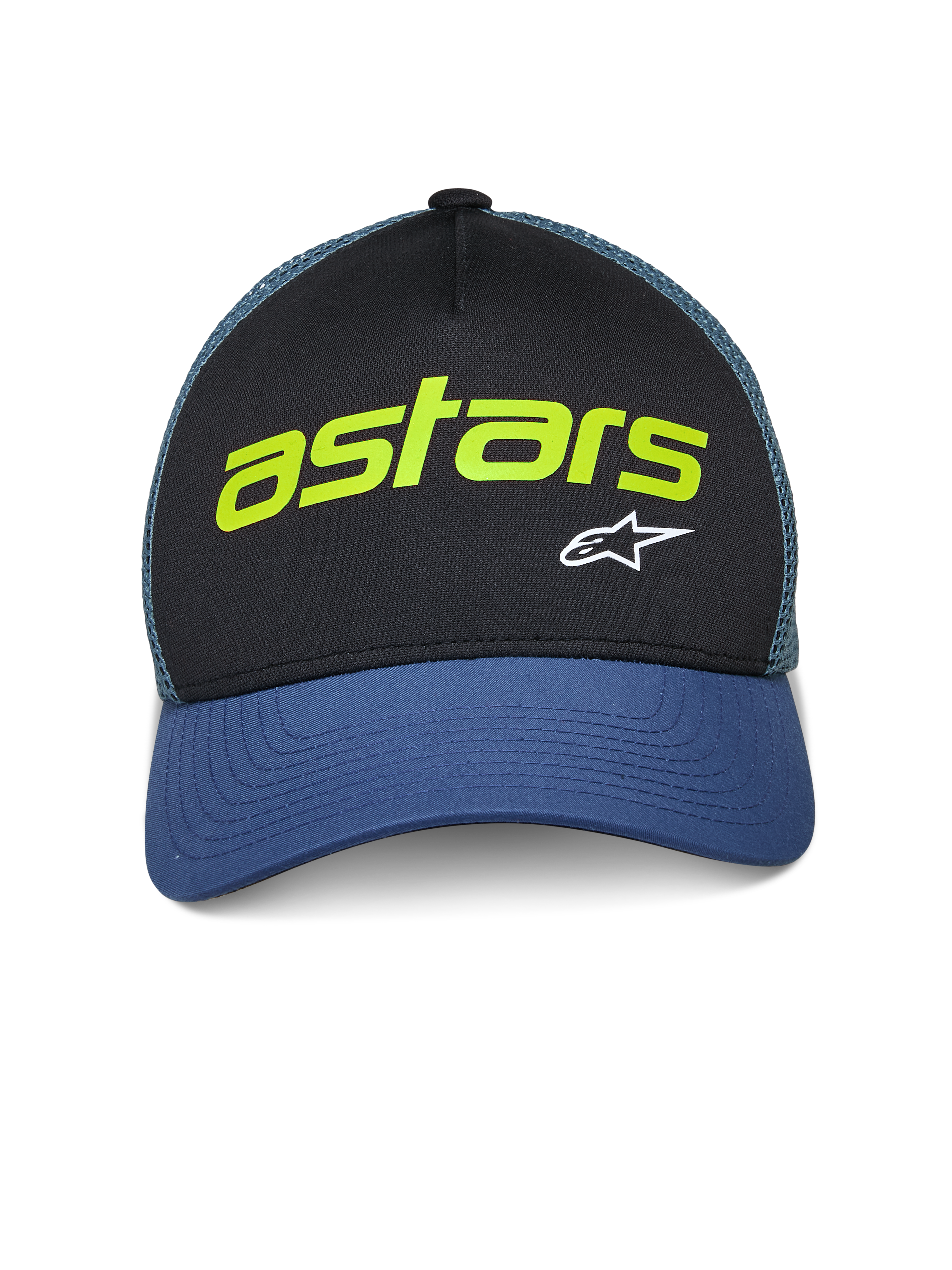 Alpinestars Vital Trucker Hat, Casual Trucker Cap, Black and Blue with Green mesh back, featuring lime green 'astars' text and white A-star logo, curved bill and structured crown