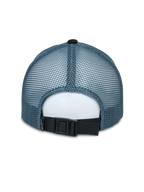 Alpinestars Vital Trucker Hat, rear view, blue mesh back panels, black adjustable buckle strap, structured crown, casual sportswear headwear