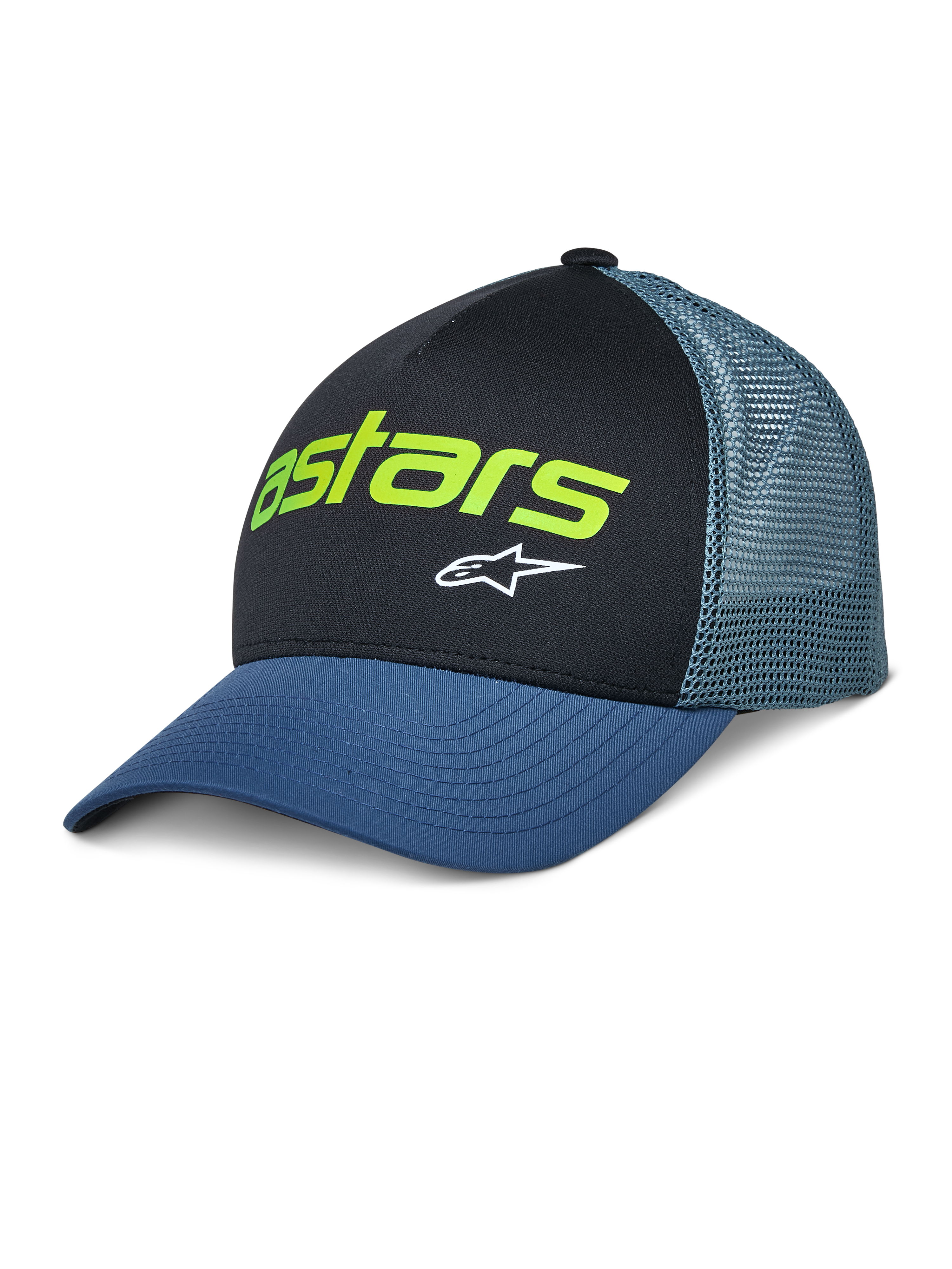 Alpinestars Vital Trucker Hat, boné trucker casual, preto e azul, logótipo Astars em verde lima e estrela branca, copa estruturada, pala curva, parte traseira em malha ventilada