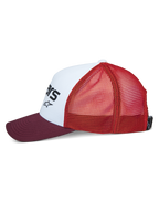 Alpinestars Vital Trucker Hat, side view, white structured front panel with black logo, maroon curved bill, orange mesh back, casual sportswear headwear