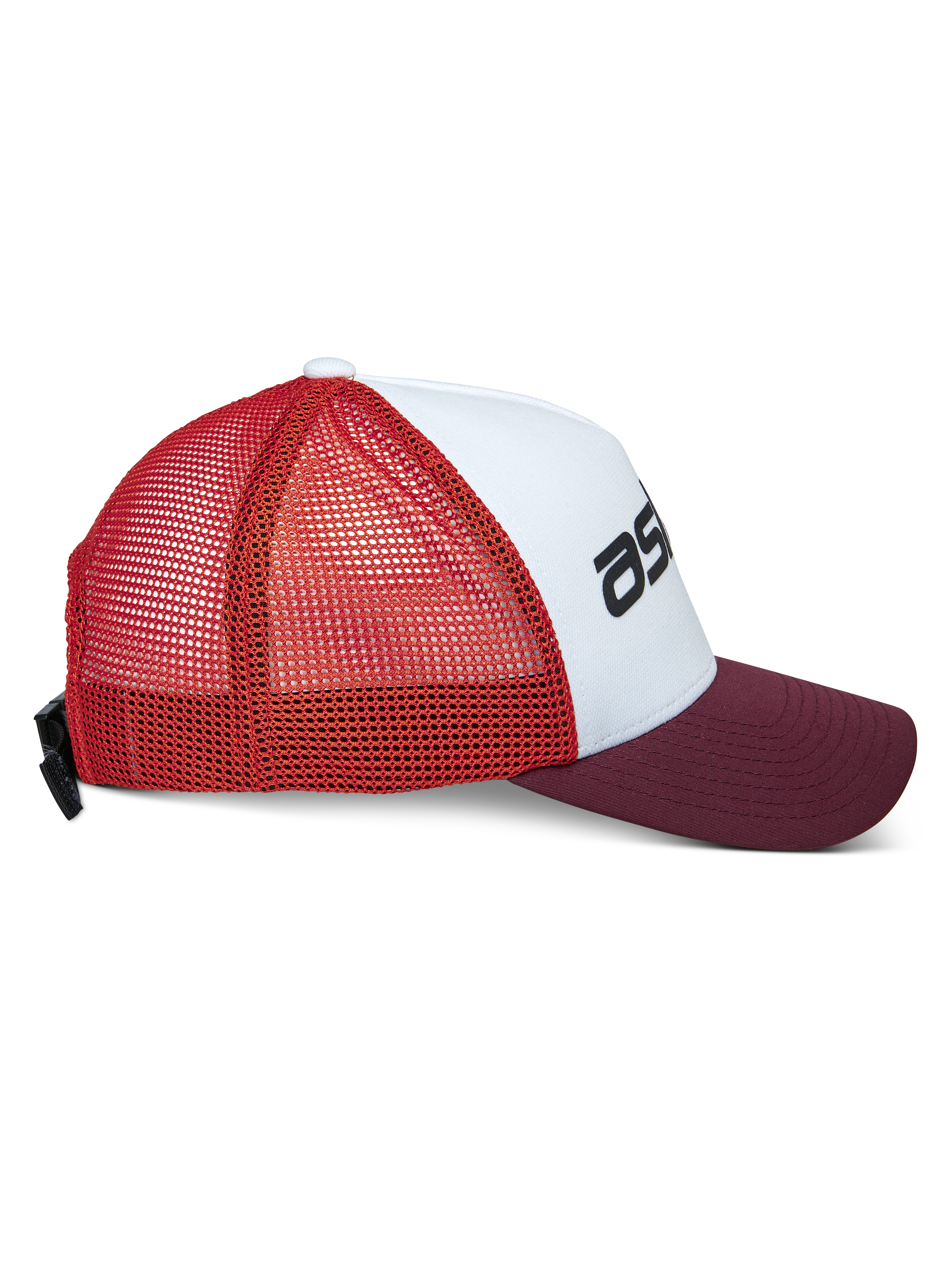 Alpinestars Vital Trucker Hat, casual trucker cap, White Maroon Orange, side profile view featuring a curved bill and mesh back, adjustable buckle closure, structured crown with black logo