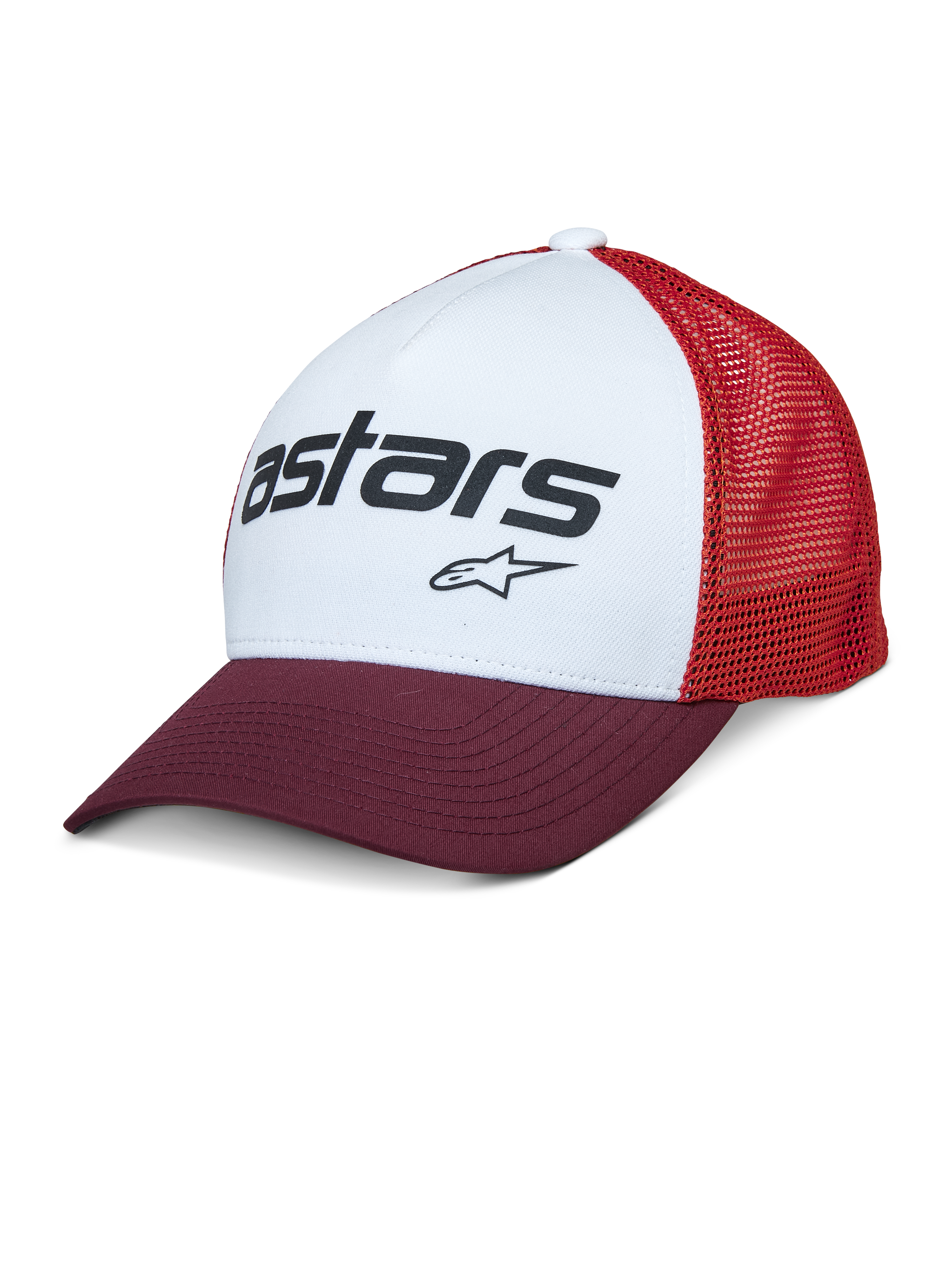 Alpinestars Vital Trucker Hat, painel frontal branco com pala curva bordeaux e malha traseira vermelha, logótipo de texto Astars preto, boné trucker estruturado com pala curva