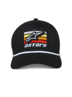 Alpinestars Selica Trucker Hat, Black, Front embroidered patch with white Astars logo and multi-colored stripes, white braided rope trim, curved bill, structured crown, casual motorsport-inspired streetwear