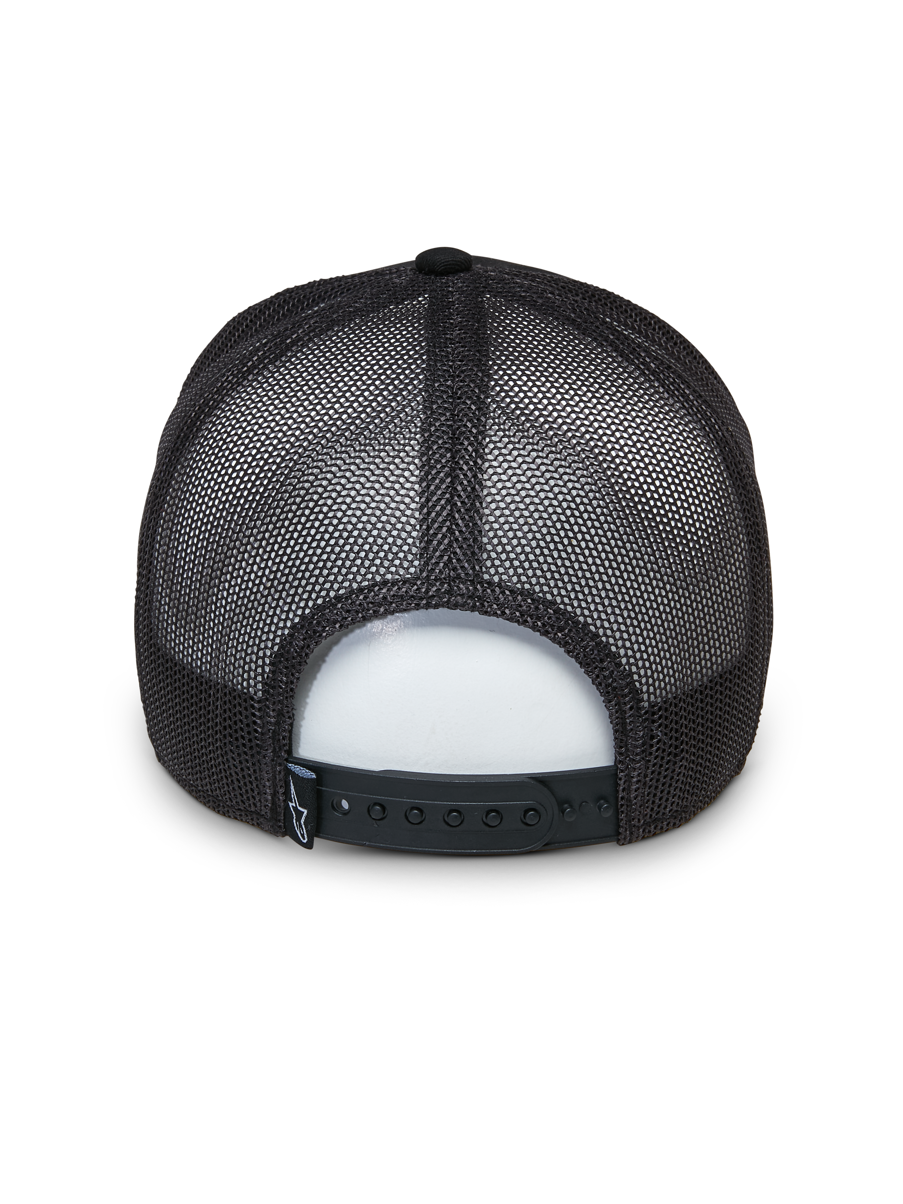 Alpinestars Selica Trucker Hat, Black, back view featuring breathable mesh panels and an adjustable snapback closure, small woven logo label, classic structured trucker design for casual wear.