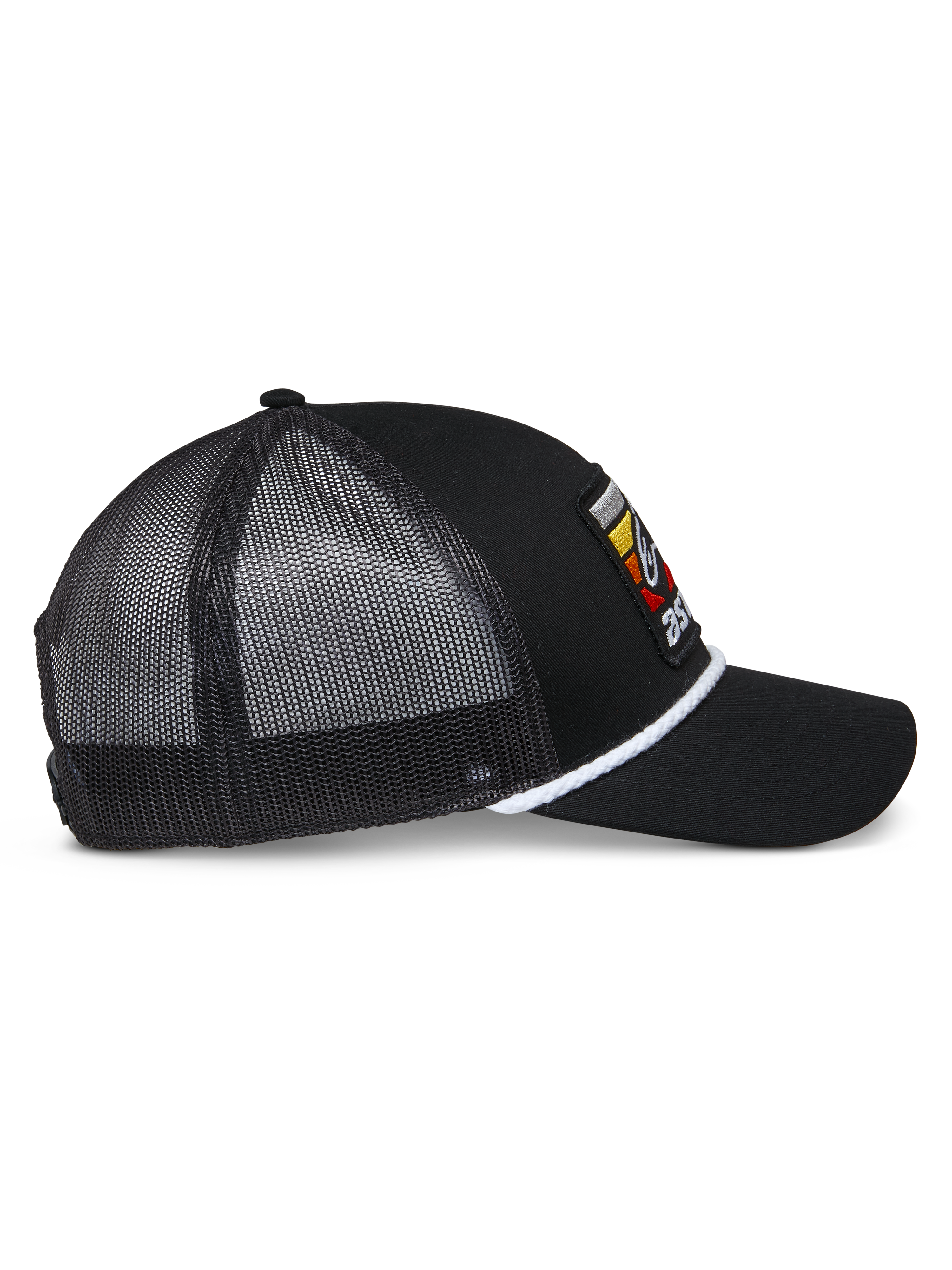 Alpinestars Selica Trucker Hat, Black Trucker Hat, side profile view featuring black mesh panels, white braided rope trim, colorful embroidered patch logo, curved bill, casual motorsport headwear