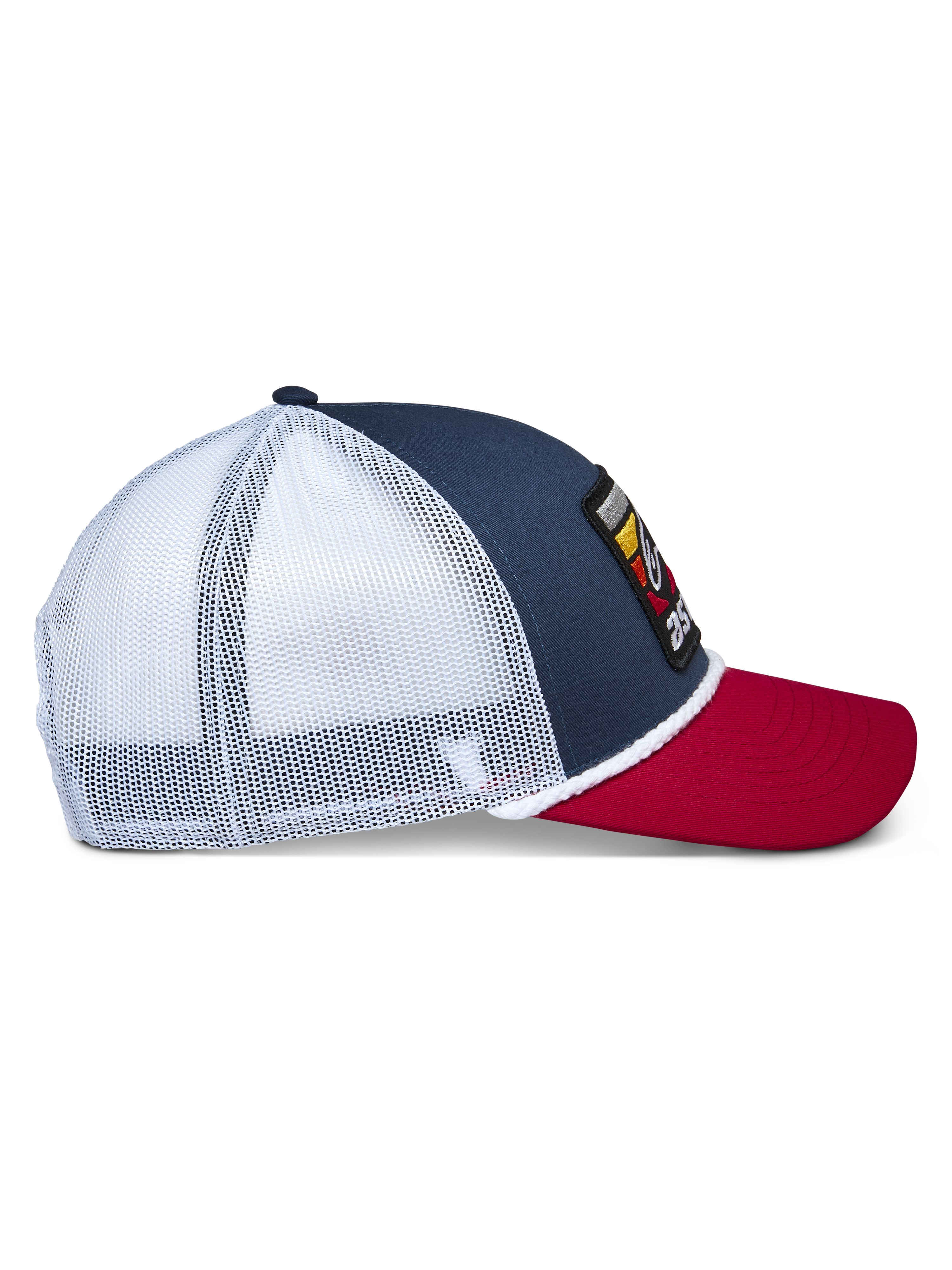 Alpinestars Selica Trucker Hat, Navy Red and White, side profile view featuring navy blue crown, red curved bill, and white mesh back panels, braided rope trim, casual motorsport lifestyle headwear