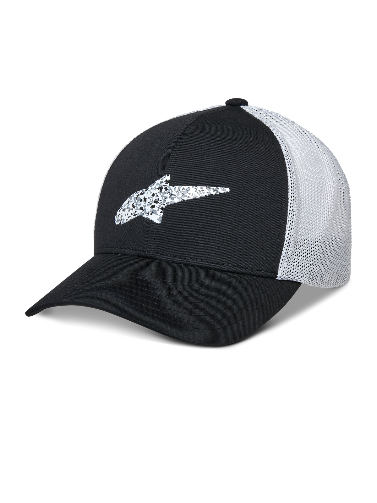 Alpinestars Terolithic Trucker Hat, boné de basebol preto e branco com pala curva, logótipo de estrela em TPU com padrão, painel traseiro em malha branca respirável, design de copa baixa estruturada