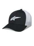 Alpinestars Terolithic Trucker Hat, Black and White, curved brim baseball cap with patterned TPU star logo, white breathable mesh back panel, structured low crown design