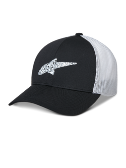 Alpinestars Terolithic Trucker Hat, Black and White, curved brim baseball cap with patterned TPU star logo, white breathable mesh back panel, structured low crown design