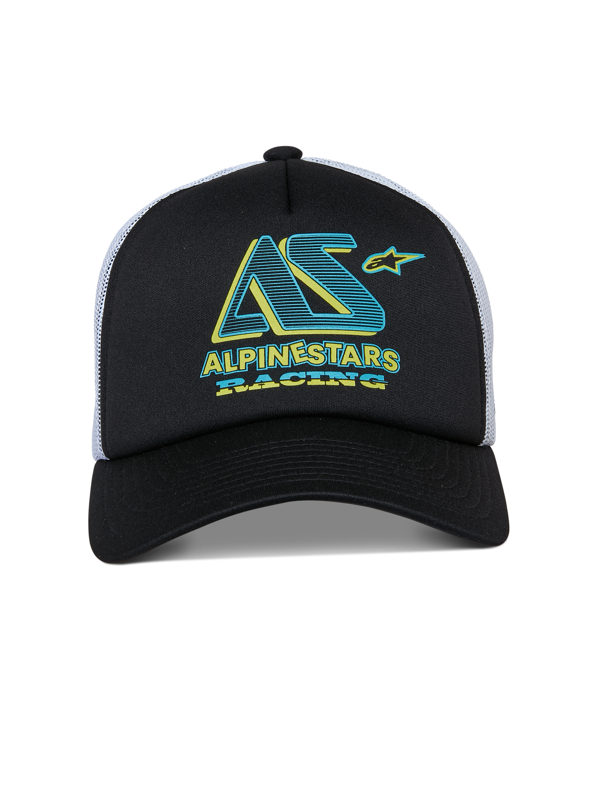 Boné Trucker Alpinestars Ayess, boné snapback, preto e branco, gráfico Alpinestars Racing em azul-turquesa e amarelo na copa de espuma, pala curva e parte traseira em rede branca, design casual inspirado no desporto motorizado