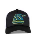 Boné Trucker Alpinestars Ayess, boné snapback, preto e branco, gráfico Alpinestars Racing em azul-turquesa e amarelo na copa de espuma, pala curva e parte traseira em rede branca, design casual inspirado no desporto motorizado