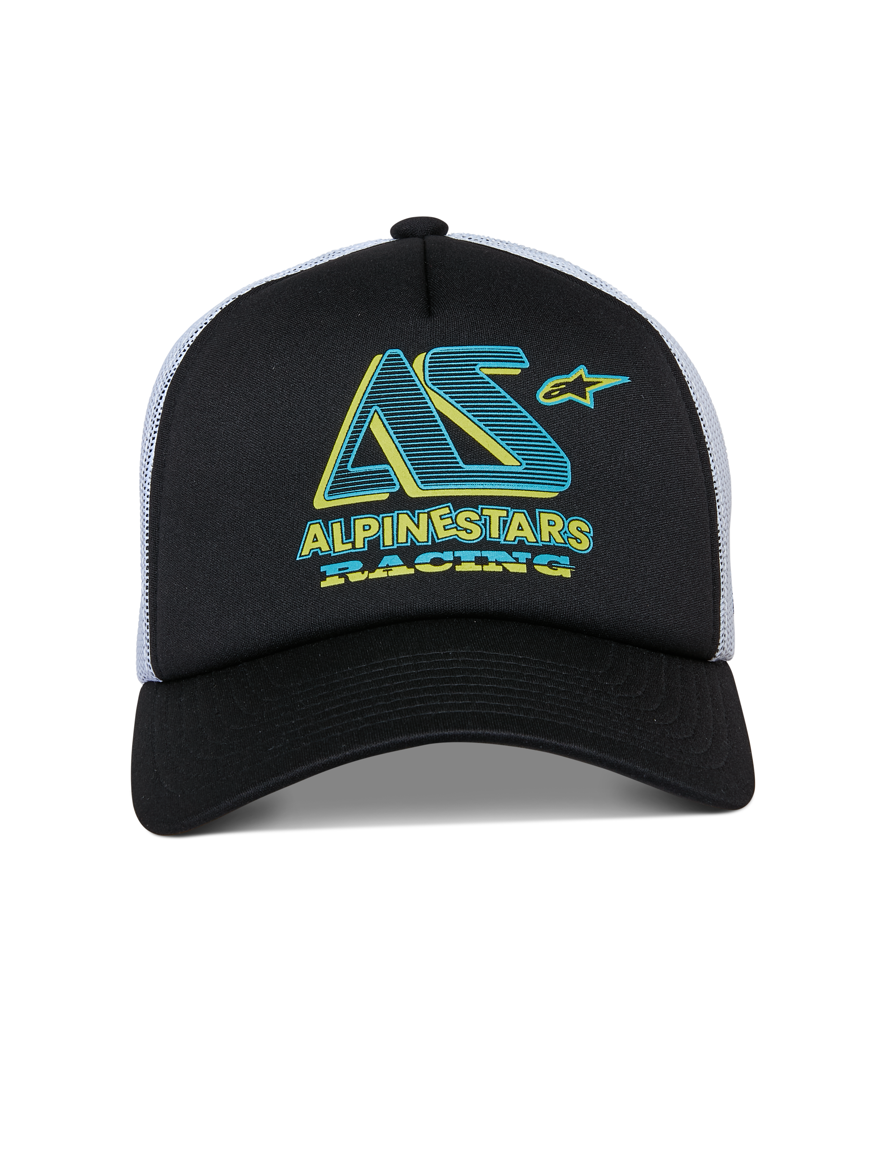 Boné Trucker Alpinestars Ayess, boné snapback, preto e branco, gráfico Alpinestars Racing em azul-turquesa e amarelo na copa de espuma, pala curva e parte traseira em rede branca, design casual inspirado no desporto motorizado