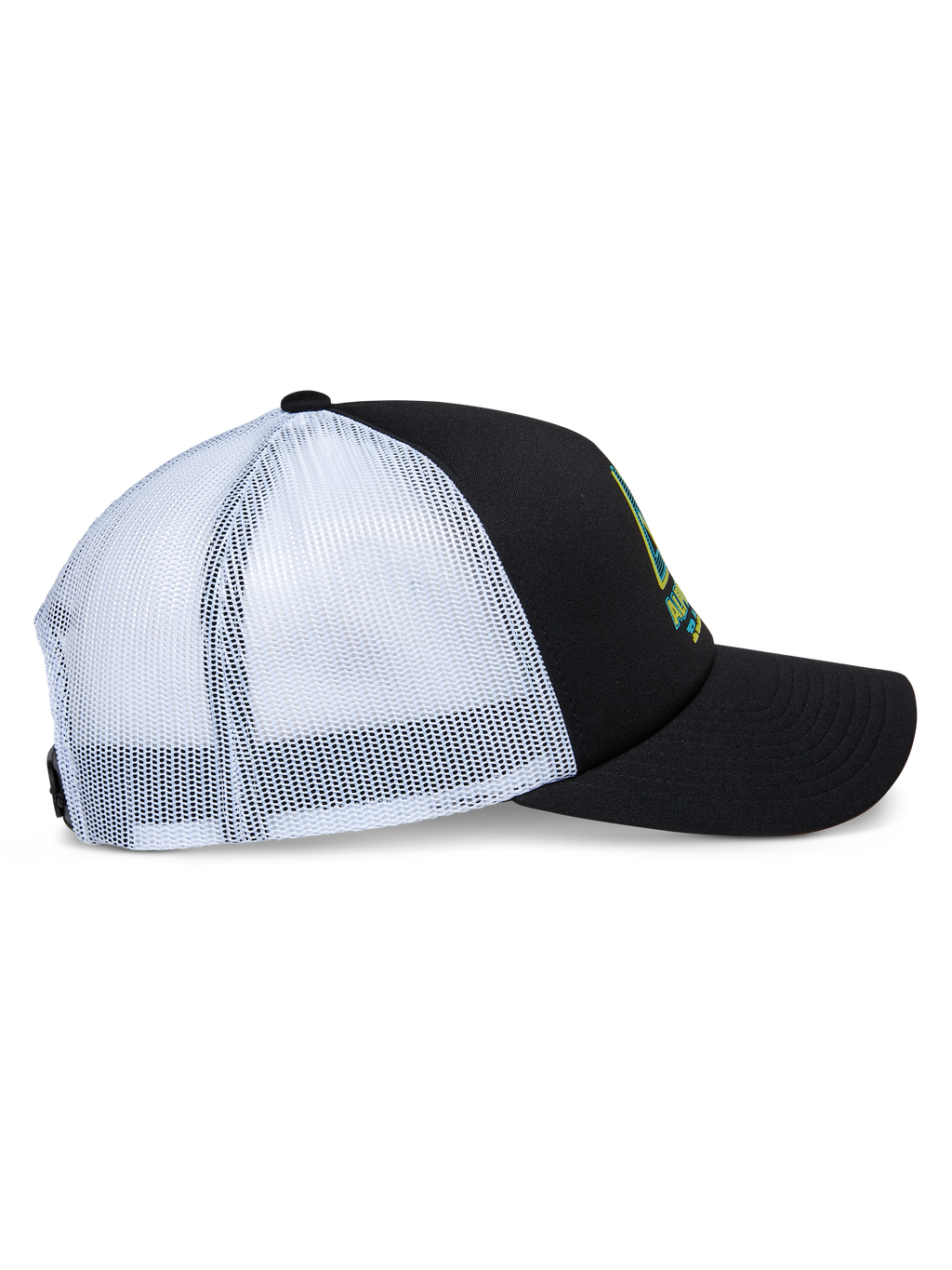 Boné Trucker Ayess Alpinestars, vista de perfil lateral, copa de espuma preta e pala curva com painéis traseiros em malha branca, logótipo impresso na frente, snapback casual inspirado no desporto motorizado