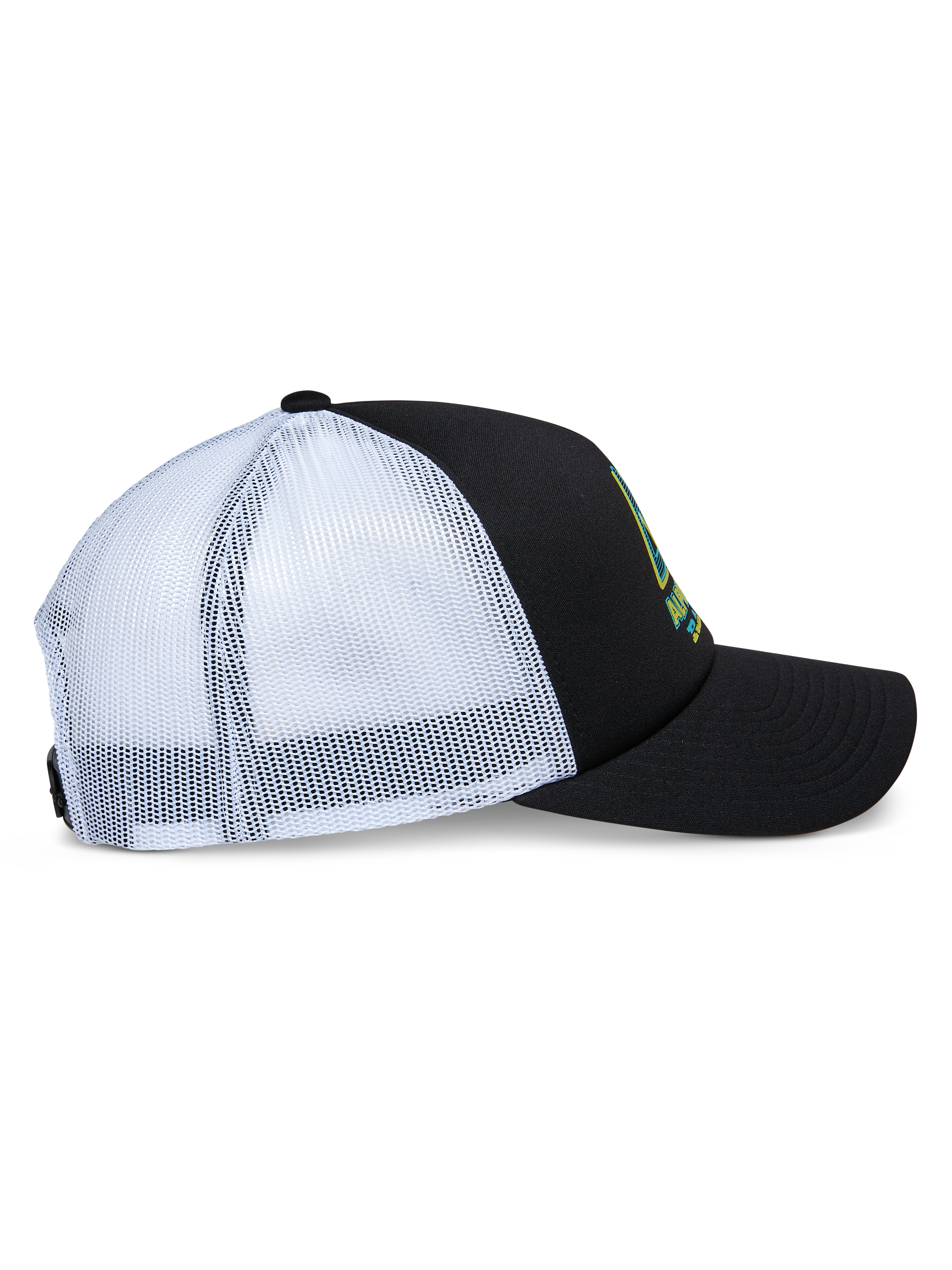 Boné Trucker Ayess Alpinestars, vista de perfil lateral, copa de espuma preta e pala curva com painéis traseiros em malha branca, logótipo impresso na frente, snapback casual inspirado no desporto motorizado