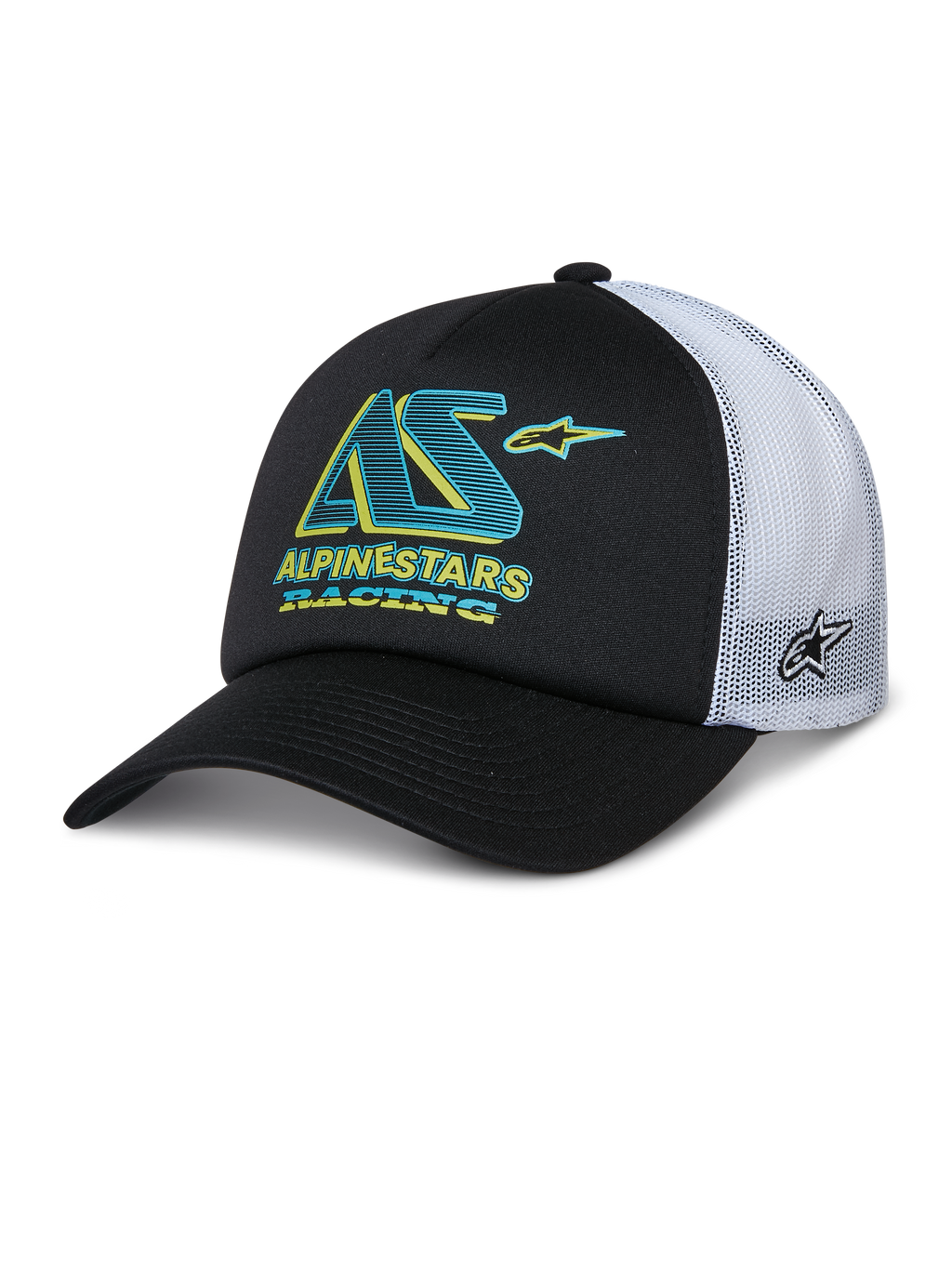 Boné Trucker Alpinestars Ayess, boné preto e branco com pala curva, painéis traseiros em malha branca, logótipo AS em azul-turquesa e amarelo com texto Alpinestars Racing, logótipo de estrela lateral na malha, estilo casual de desportos motorizados
