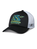 Boné Trucker Alpinestars Ayess, boné preto e branco com pala curva, painéis traseiros em malha branca, logótipo AS em azul-turquesa e amarelo com texto Alpinestars Racing, logótipo de estrela lateral na malha, estilo casual de desportos motorizados